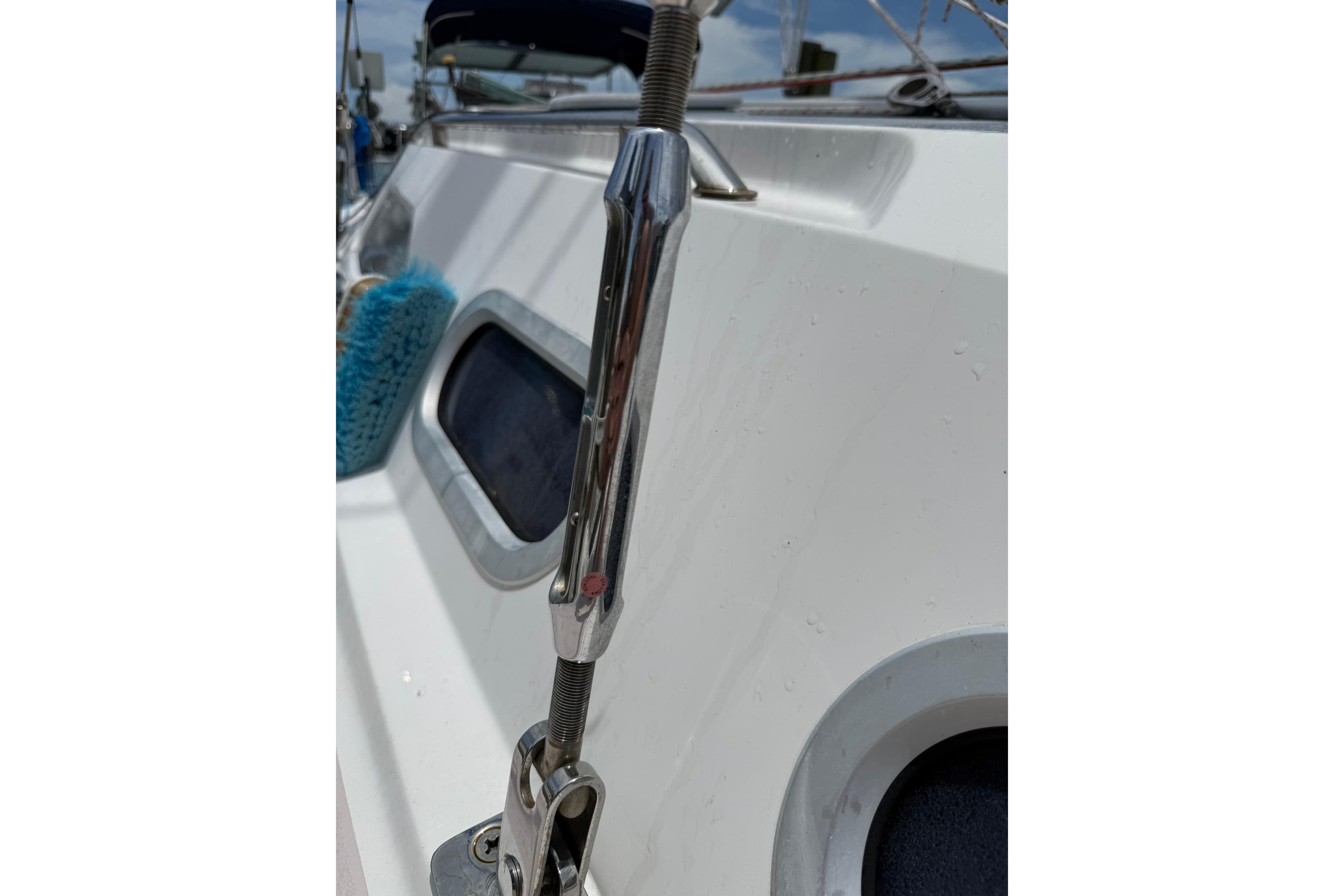 Close-up of a 2001 Catalina 390 sailboat deck with rigging details.