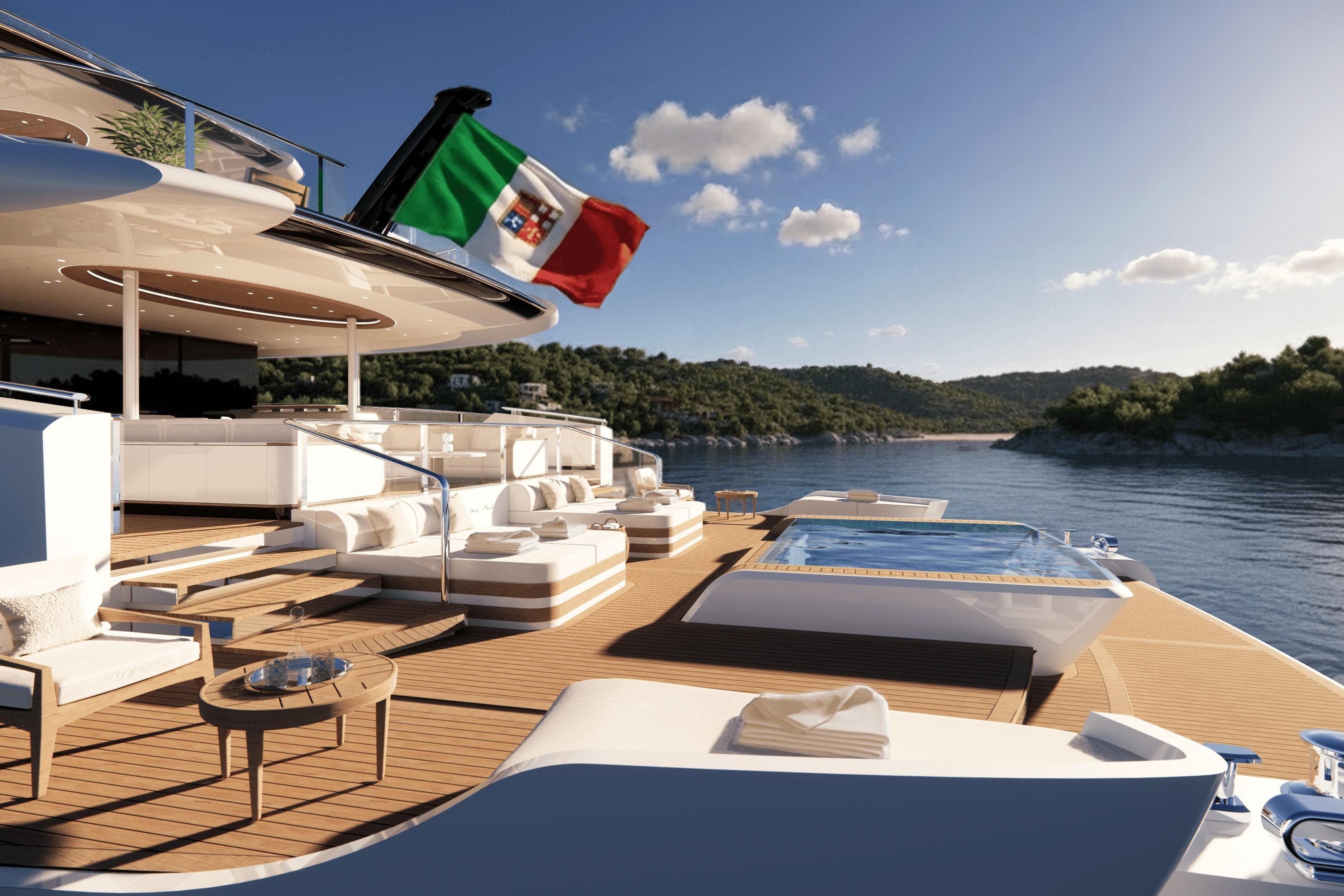 Luxurious 2028 Mengi Yay Nuvolari Lenard yacht with spacious deck and pool, cruising scenic waters.