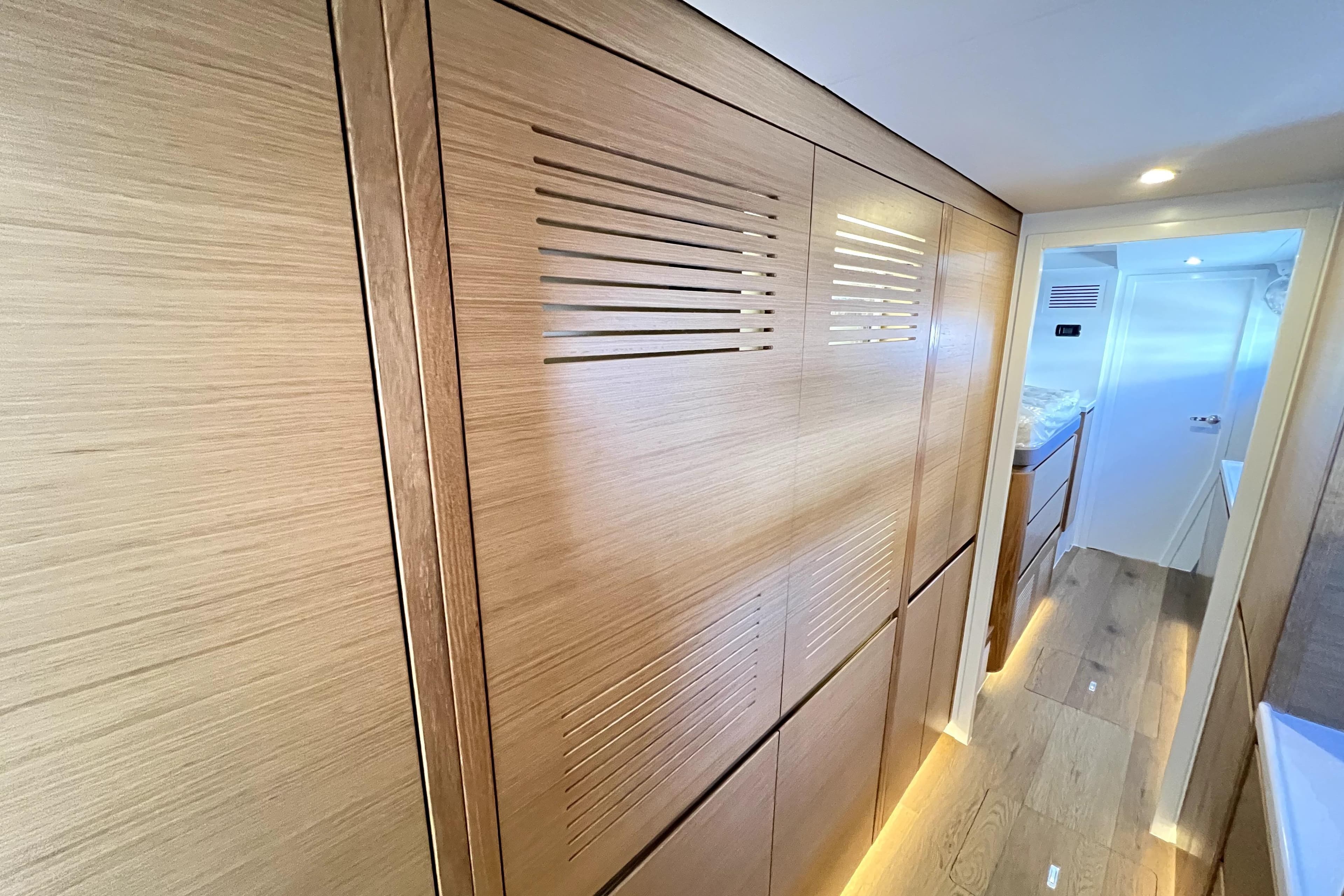 Modern wooden interior hallway in Balance 482, 2025 model yacht.