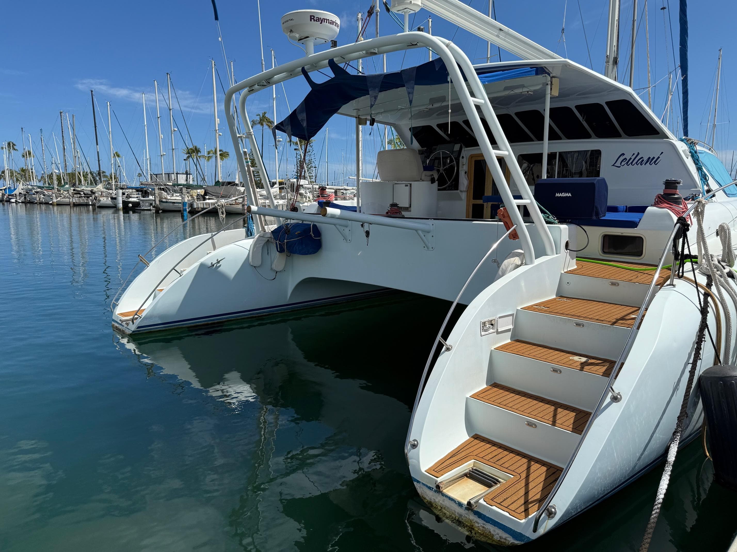 Luxury performance catamaran docked at marina, 2005 model, with elegant wooden steps and sleek design.