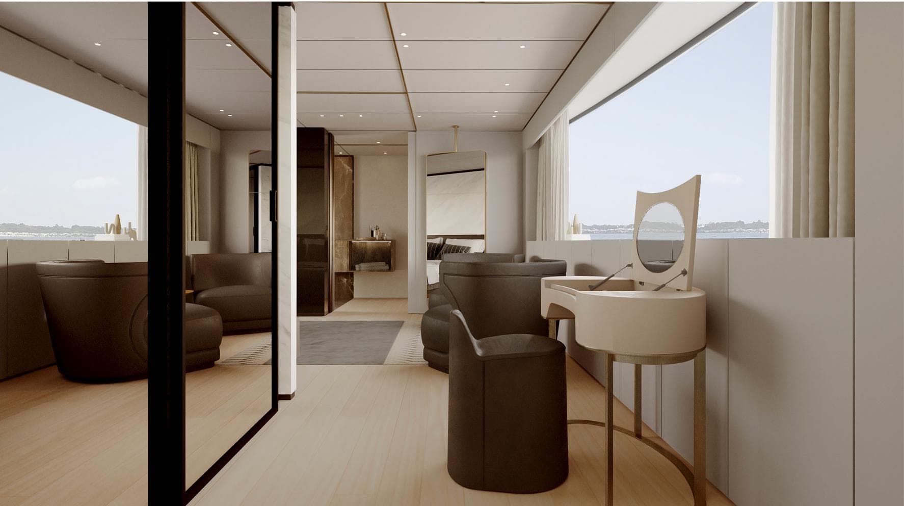 Luxurious interior of Ocean King Doge 350 yacht, 2027 model, featuring elegant seating and vanity.