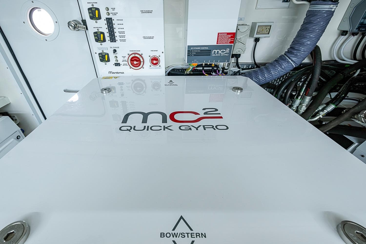 Engine room of 2025 Maritimo M75 featuring MC2 Quick Gyro stabilizer system.