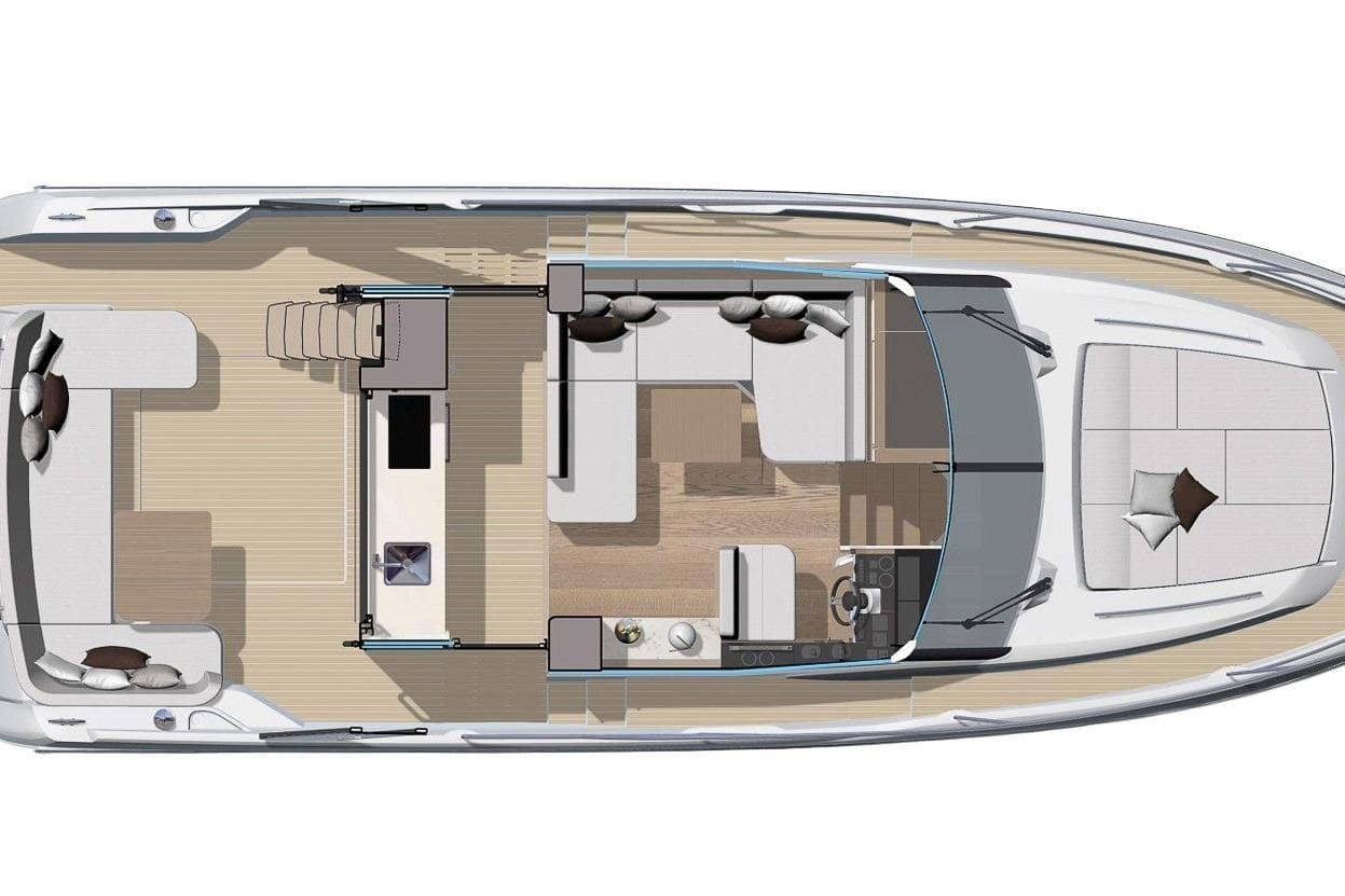 Top view of 2026 Prestige F4.3 yacht layout, featuring spacious seating and modern amenities.