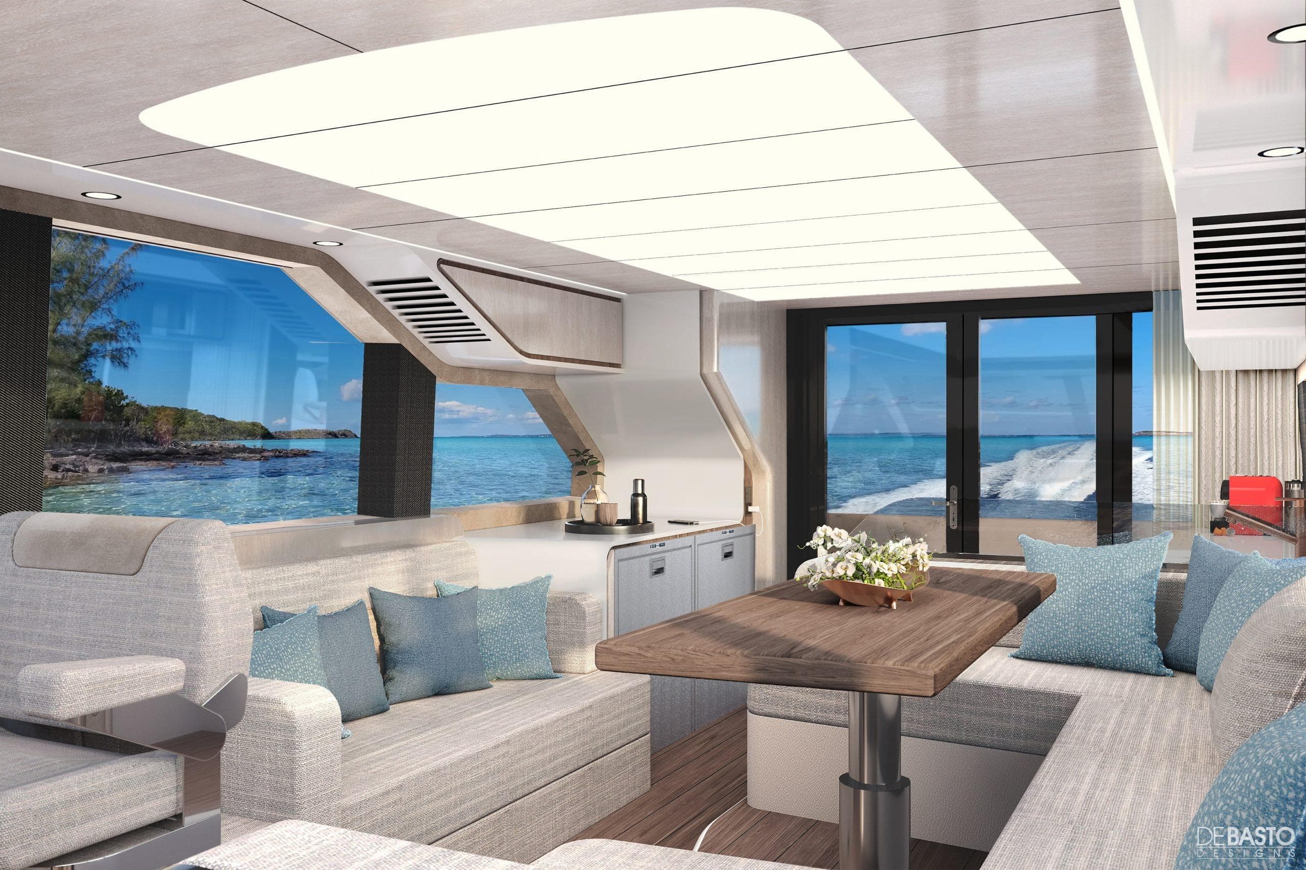 Luxurious interior of 2026 Cruisers Yachts 57 Fly with ocean view and modern furnishings.