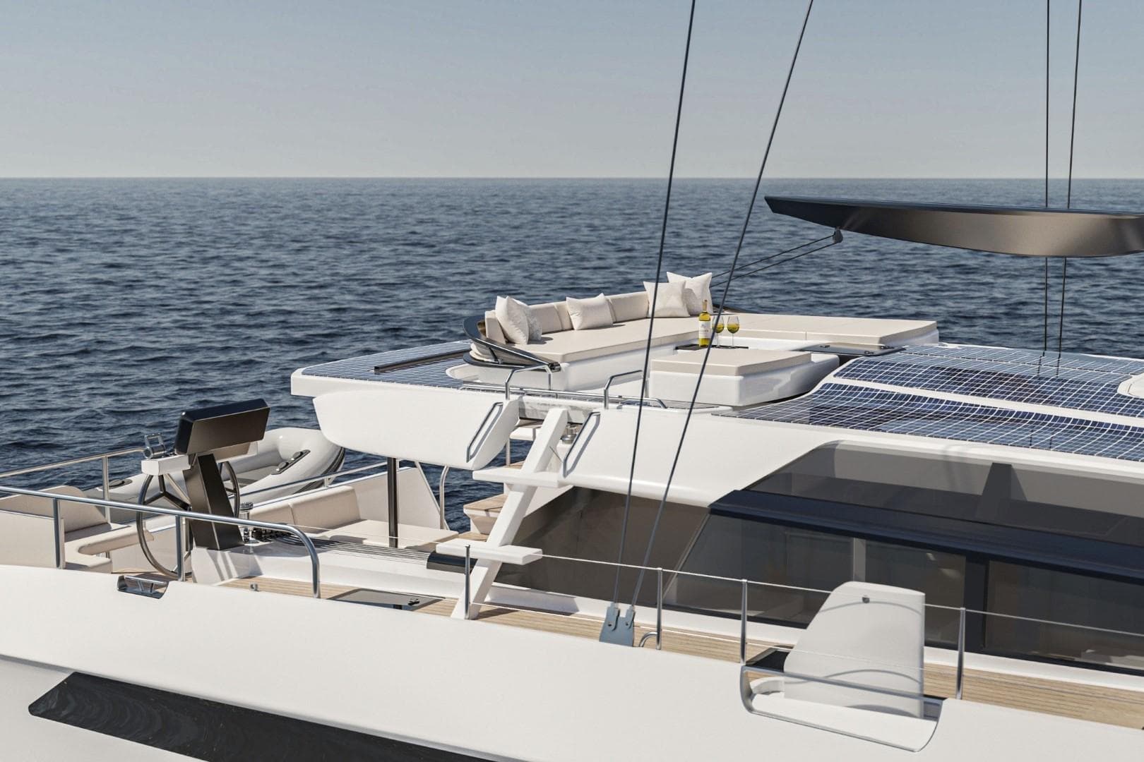 Luxurious Slyder 55 yacht, 2025 model, featuring spacious deck and modern design on open sea.