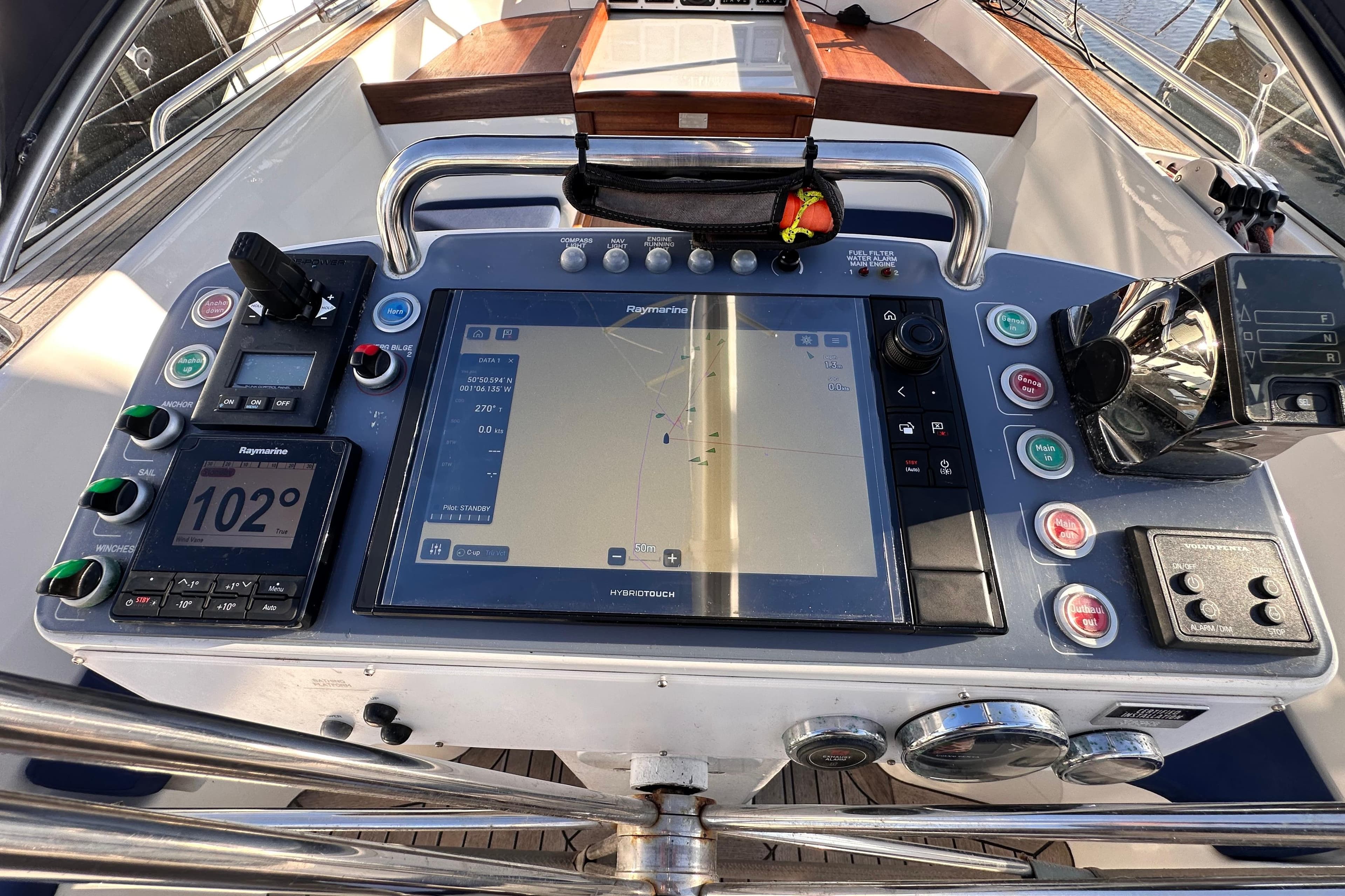 Control panel of a 2019 Hallberg-Rassy 44 yacht with navigation and instrumentation displays.