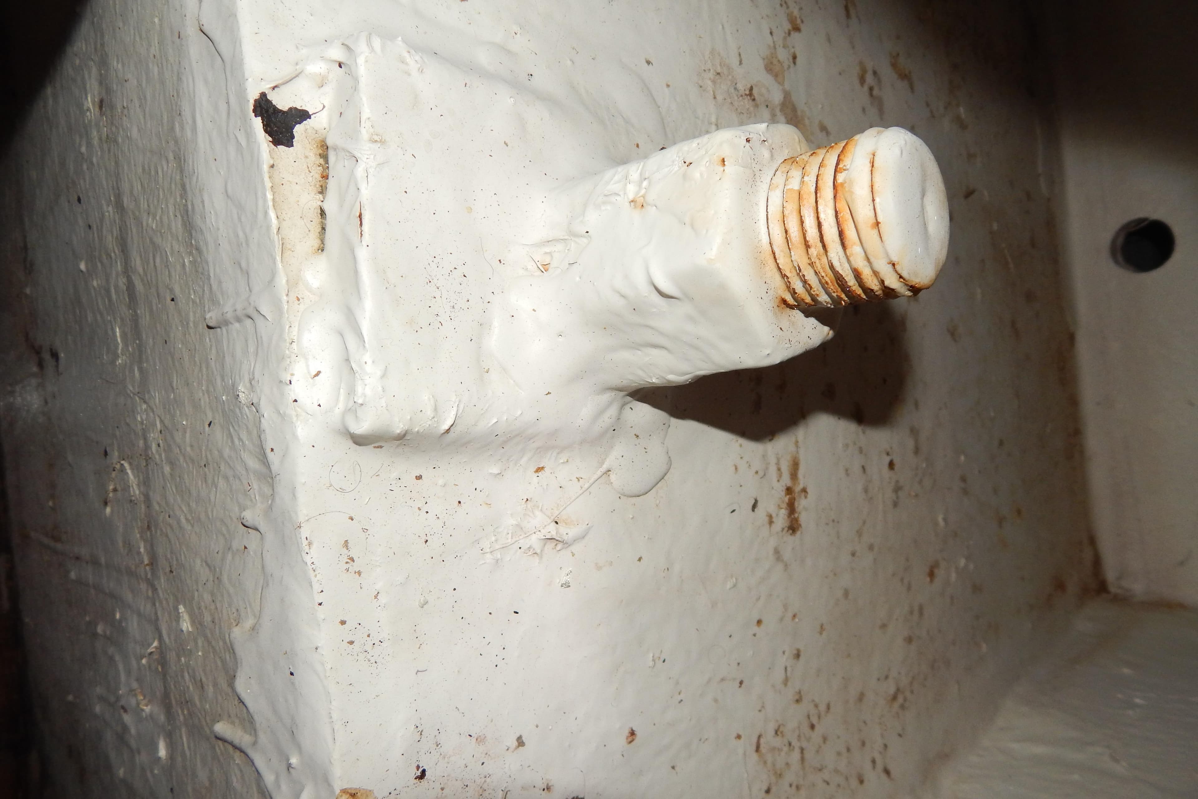 Close-up of a rusted bolt on a painted surface, Contest 60 C, 2003 model.