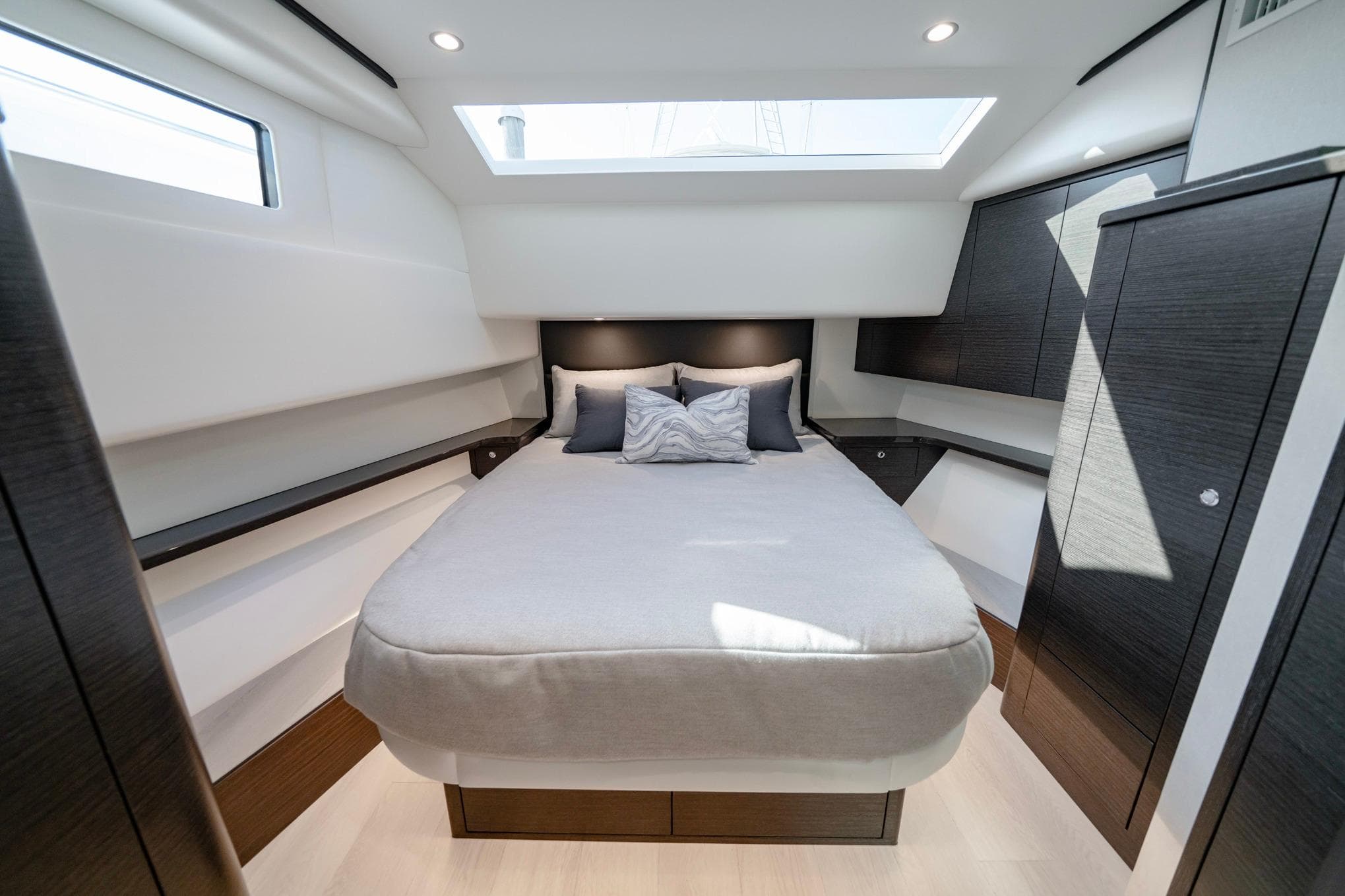 Luxurious bedroom interior of 2026 Valhalla V-55 Sport Yacht with modern design.