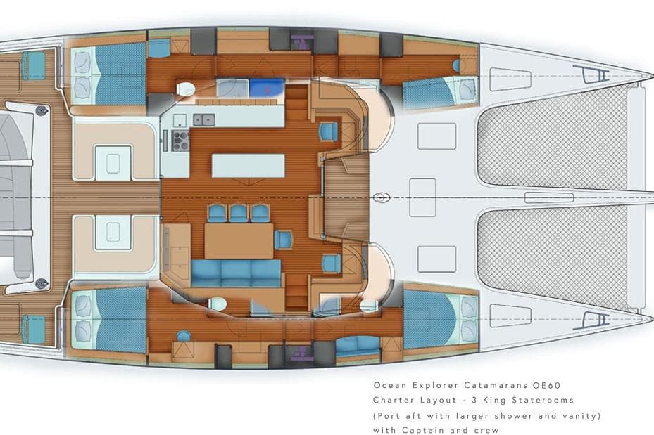 Floor plan of 2023 Ocean Explorer Catamarans OQS, featuring three king staterooms.