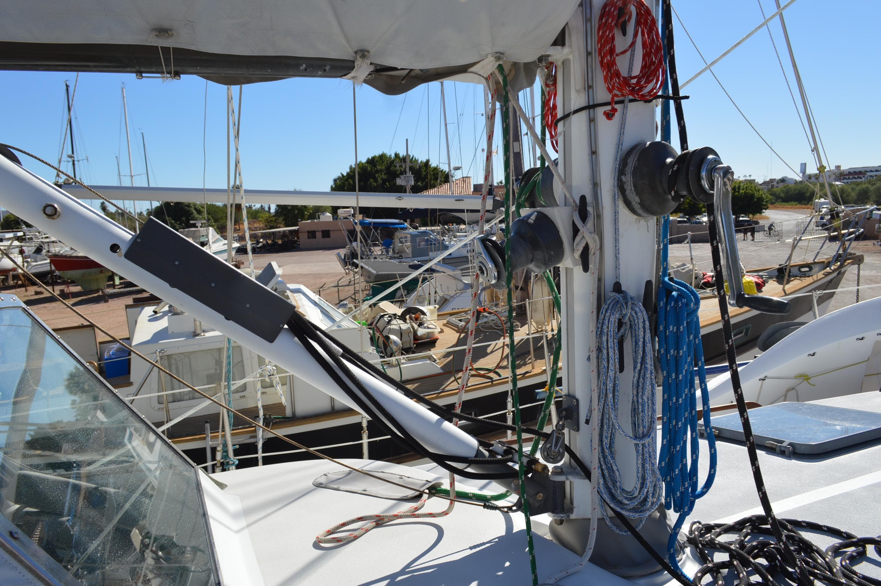1979 Morgan 461 sailboat deck with rigging and marina background.