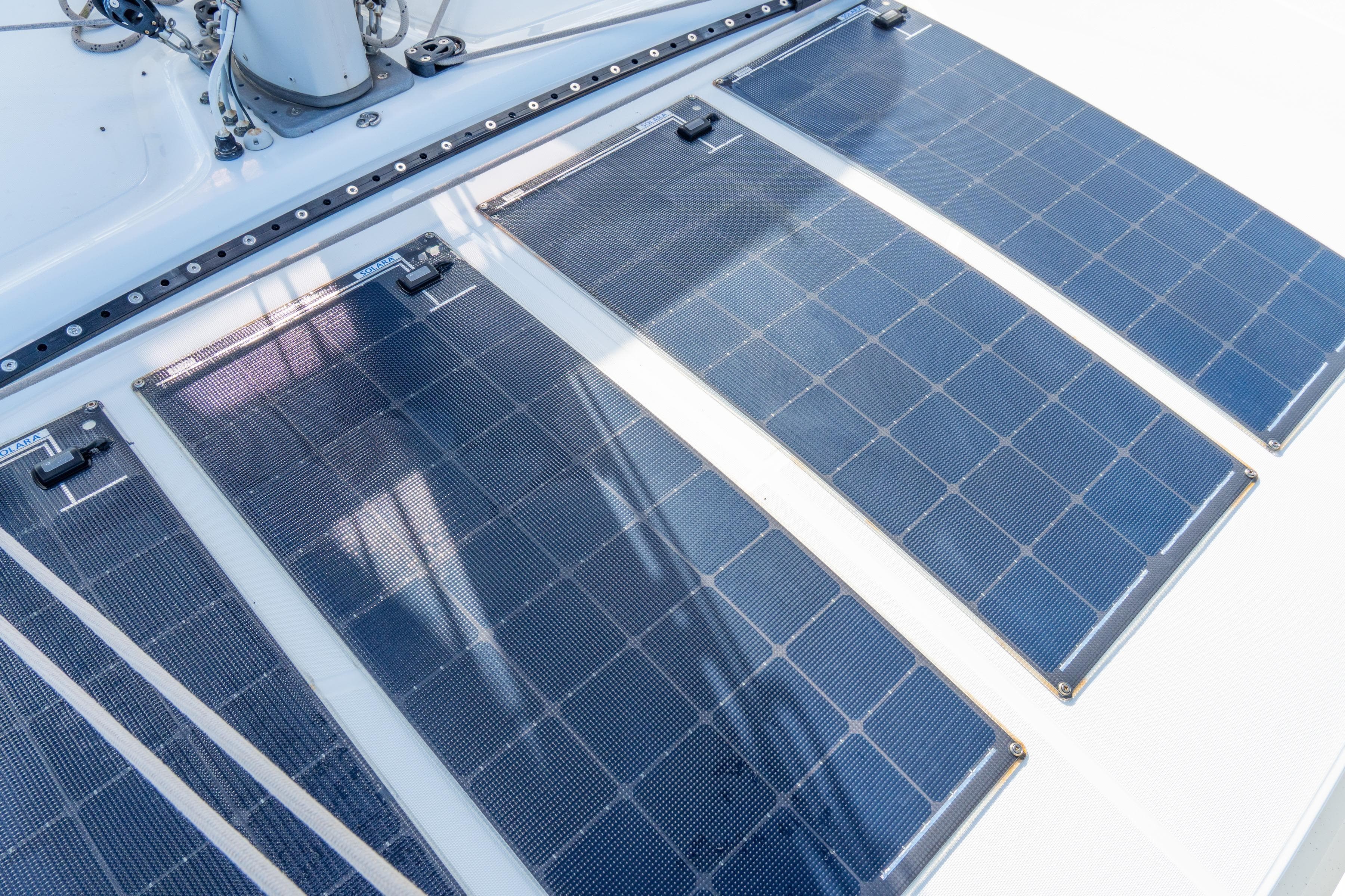 Solar panels on 2023 Lagoon 46 catamaran deck, harnessing renewable energy.