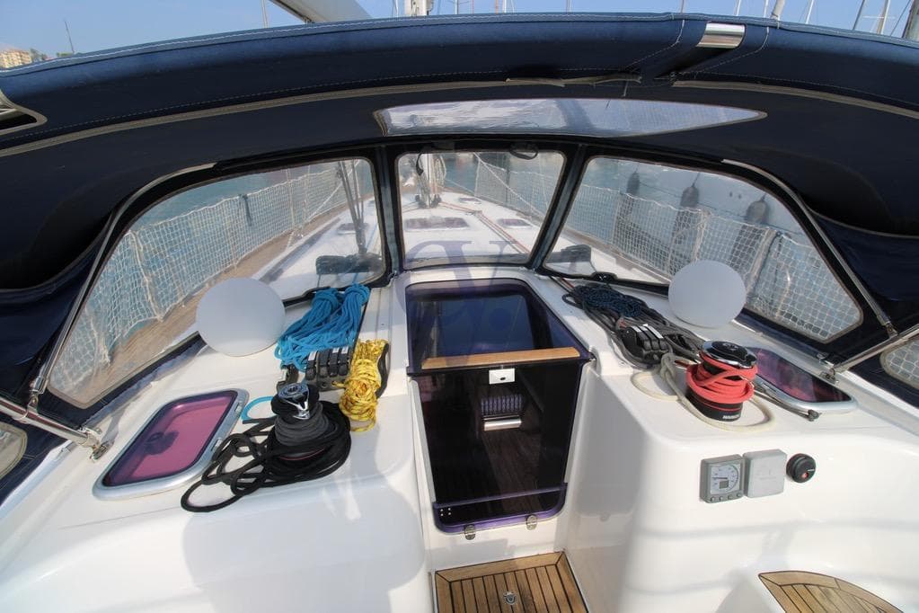 Cockpit of 2009 Dufour 425 Grand Large sailboat with ropes and equipment.