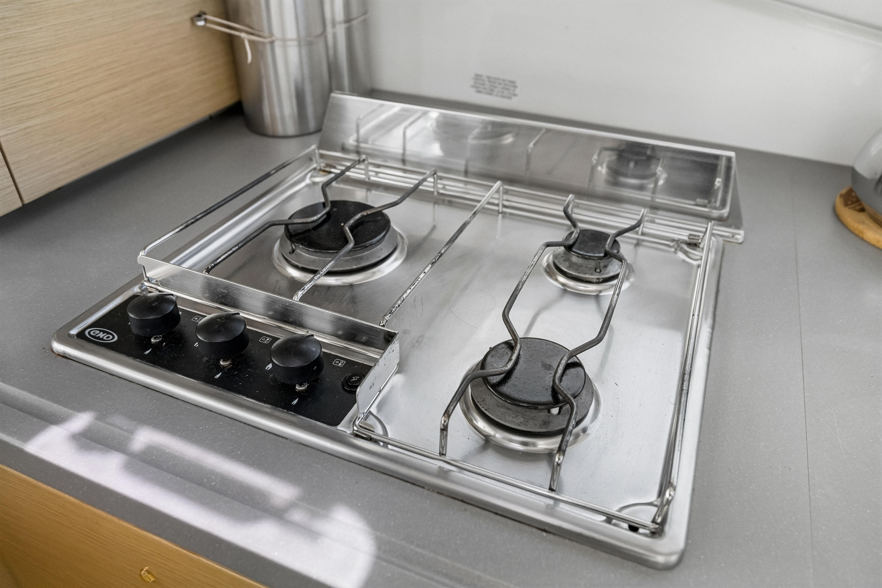 Stainless steel stove in 2014 Fountaine Pajot Helia 44 yacht kitchen.