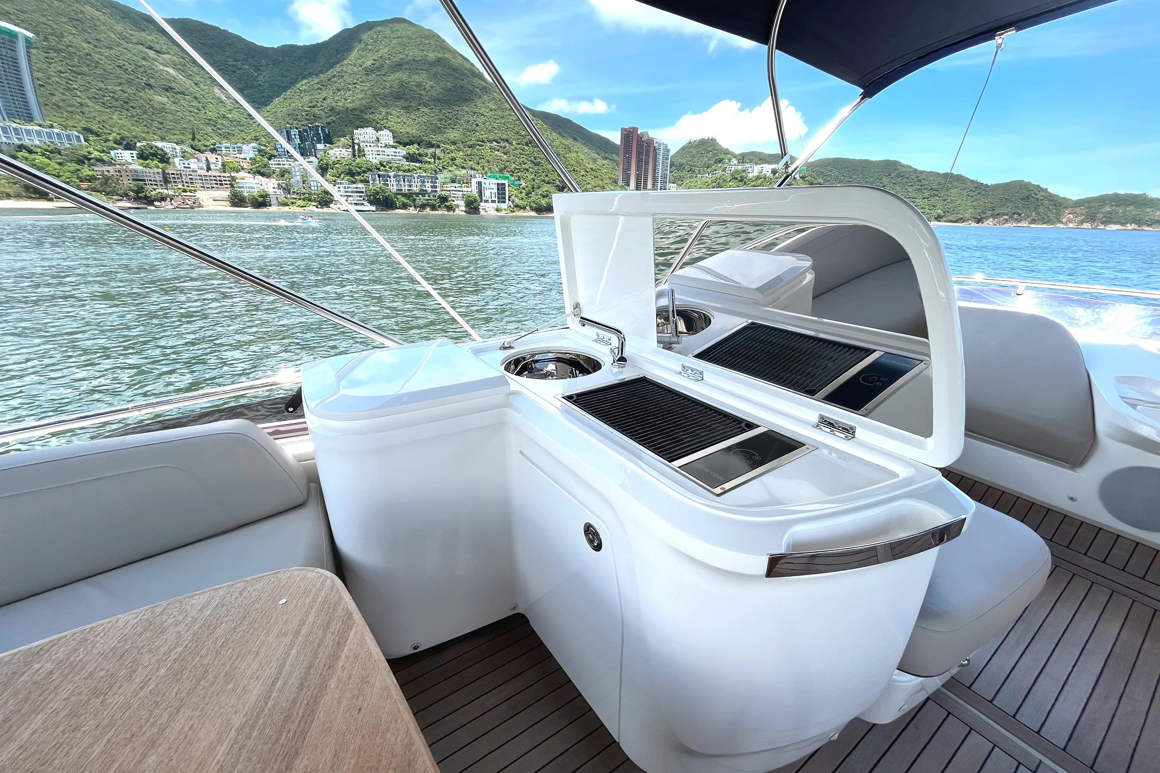 Luxurious 2020 Princess 45 Flybridge Motor Yacht with outdoor kitchen, scenic coastal view.