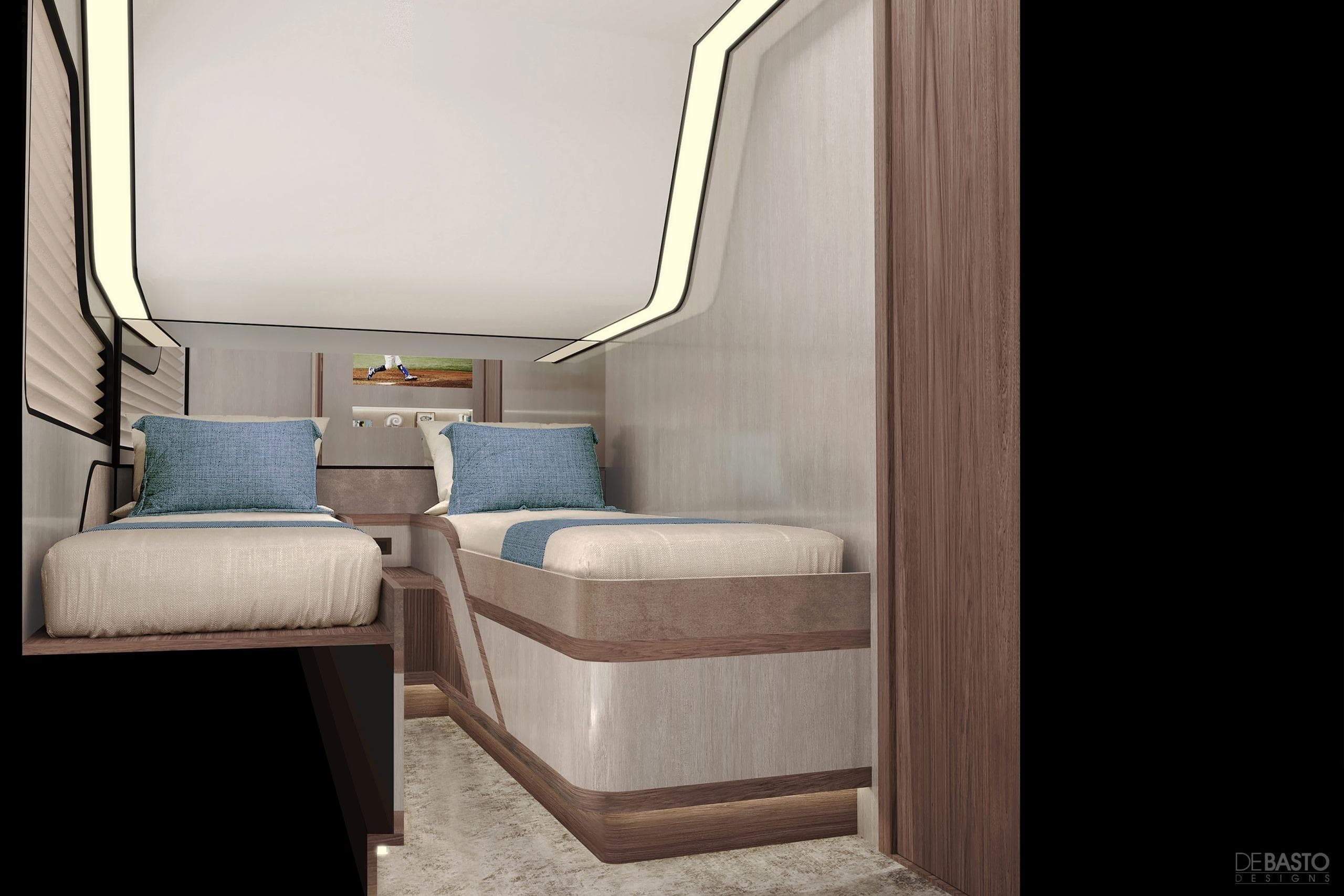 Luxurious twin cabin interior of 2026 Cruisers Yachts 57 Fly, featuring modern design elements.