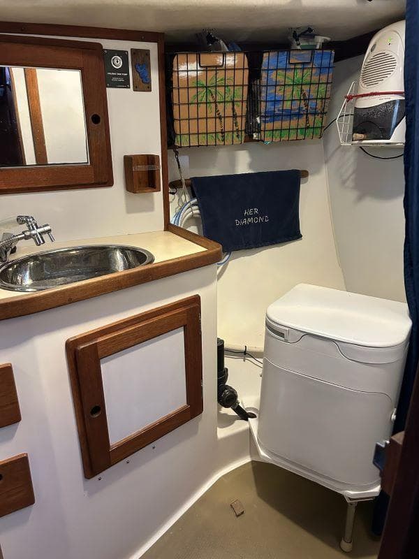 Compact bathroom in 1991 Freedom F-38 boat with sink, mirror, and storage.