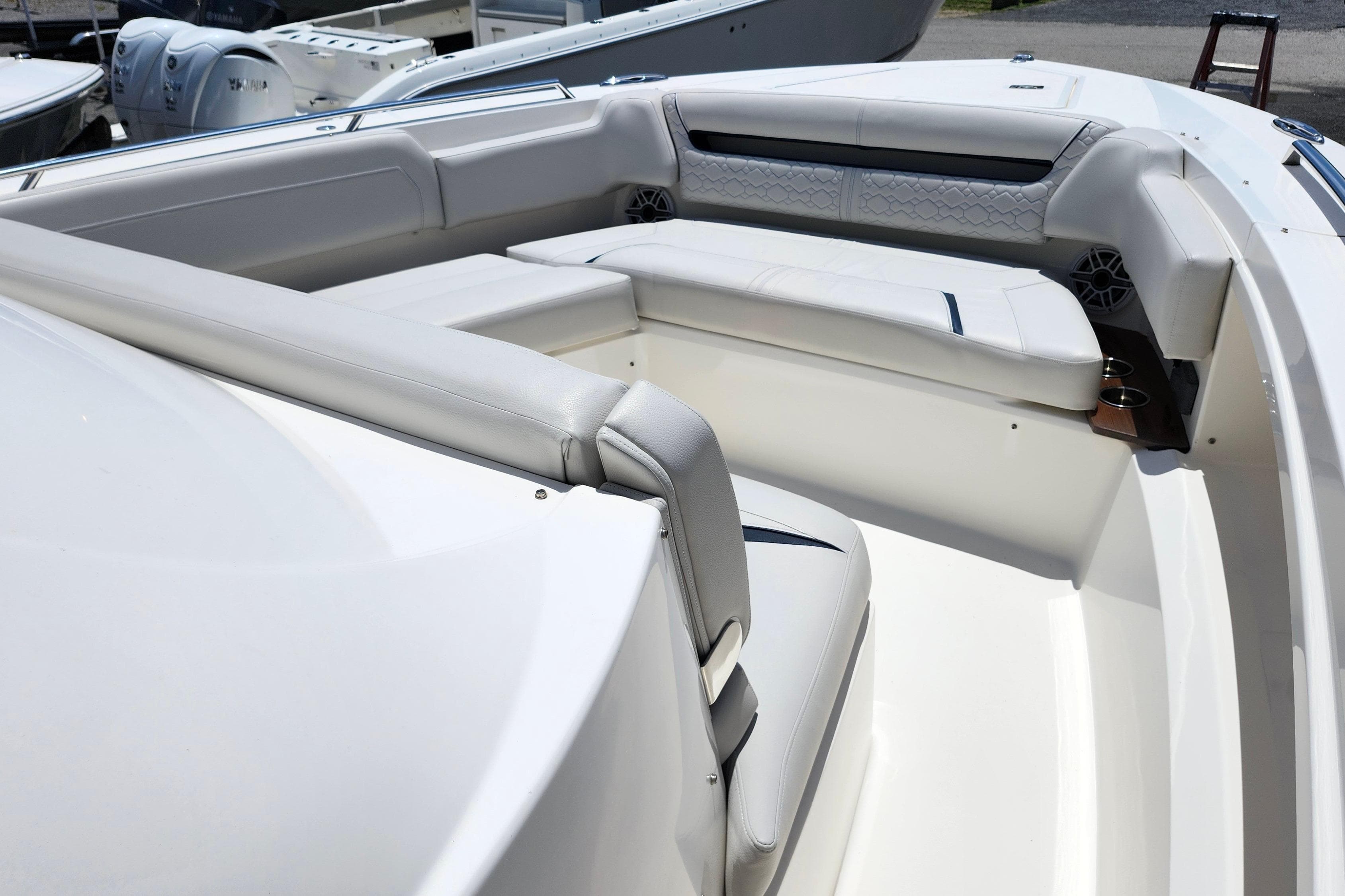 2022 Tiara Yachts 38 LS boat interior with luxurious seating and modern design.