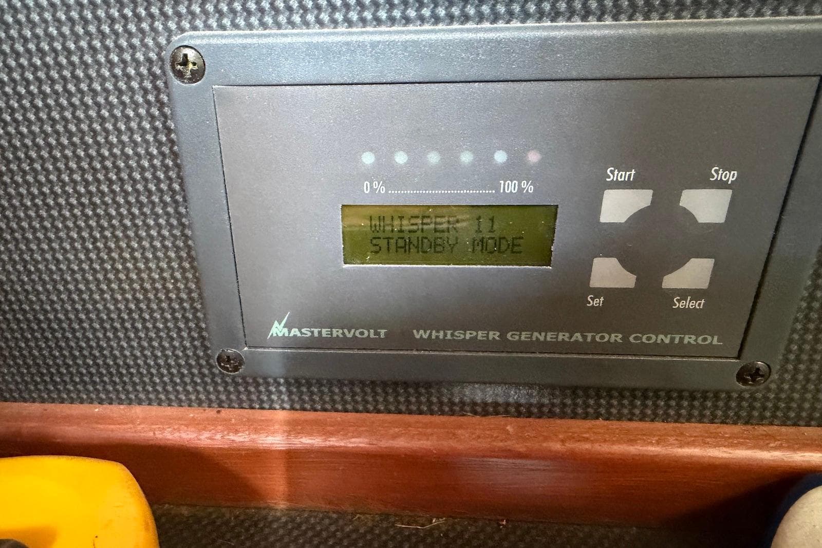 Mastervolt Whisper Generator Control on 2009 Hunter 50 Center Cockpit in standby mode.