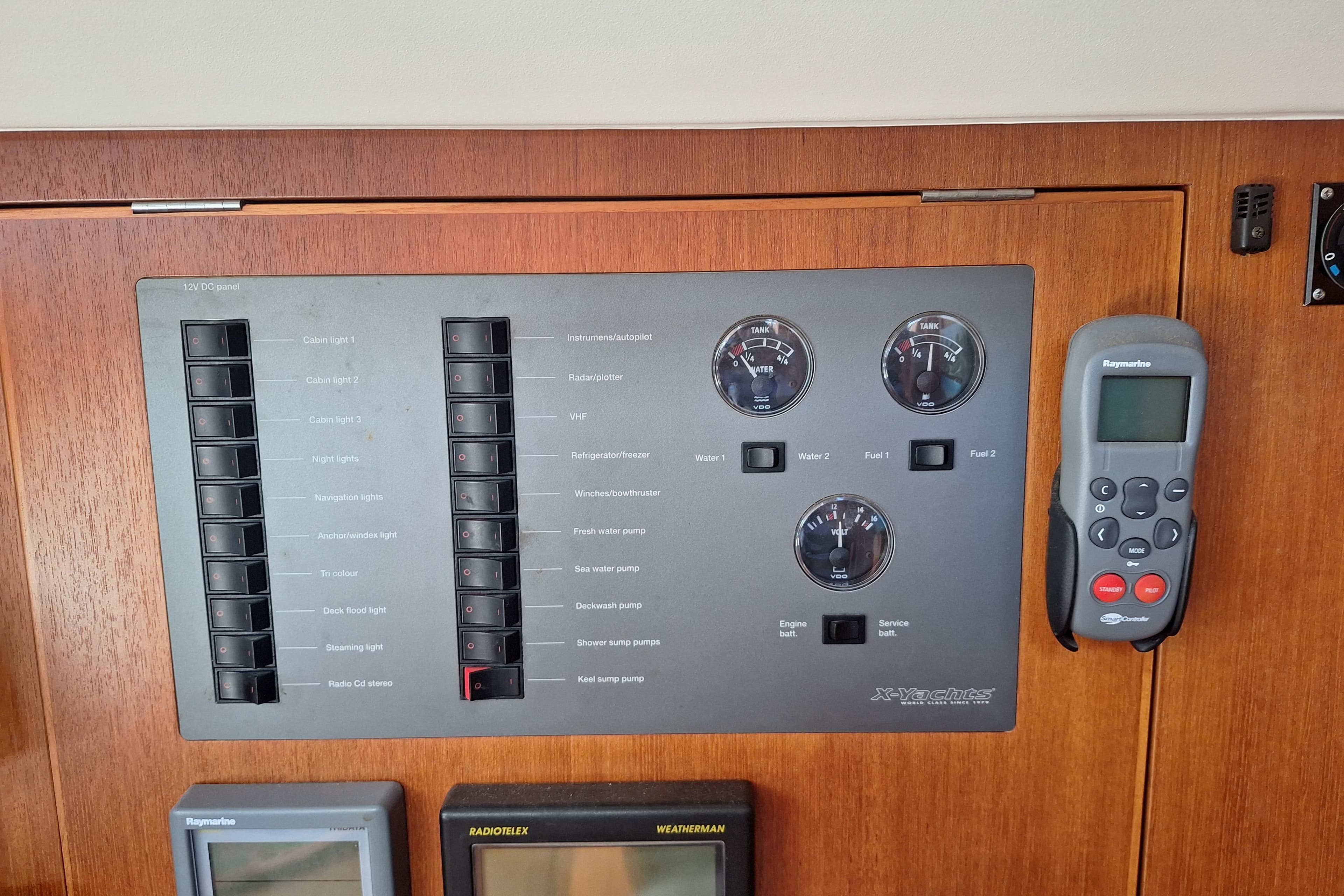 Control panel of a 2006 X-Yachts X-43 sailboat with gauges and switches.