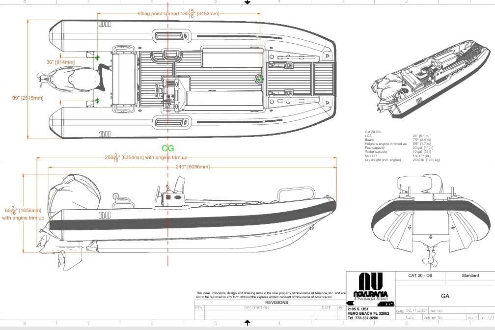 Blueprint of 2026 Novurania Catamaran 20, showcasing detailed dimensions and specifications.