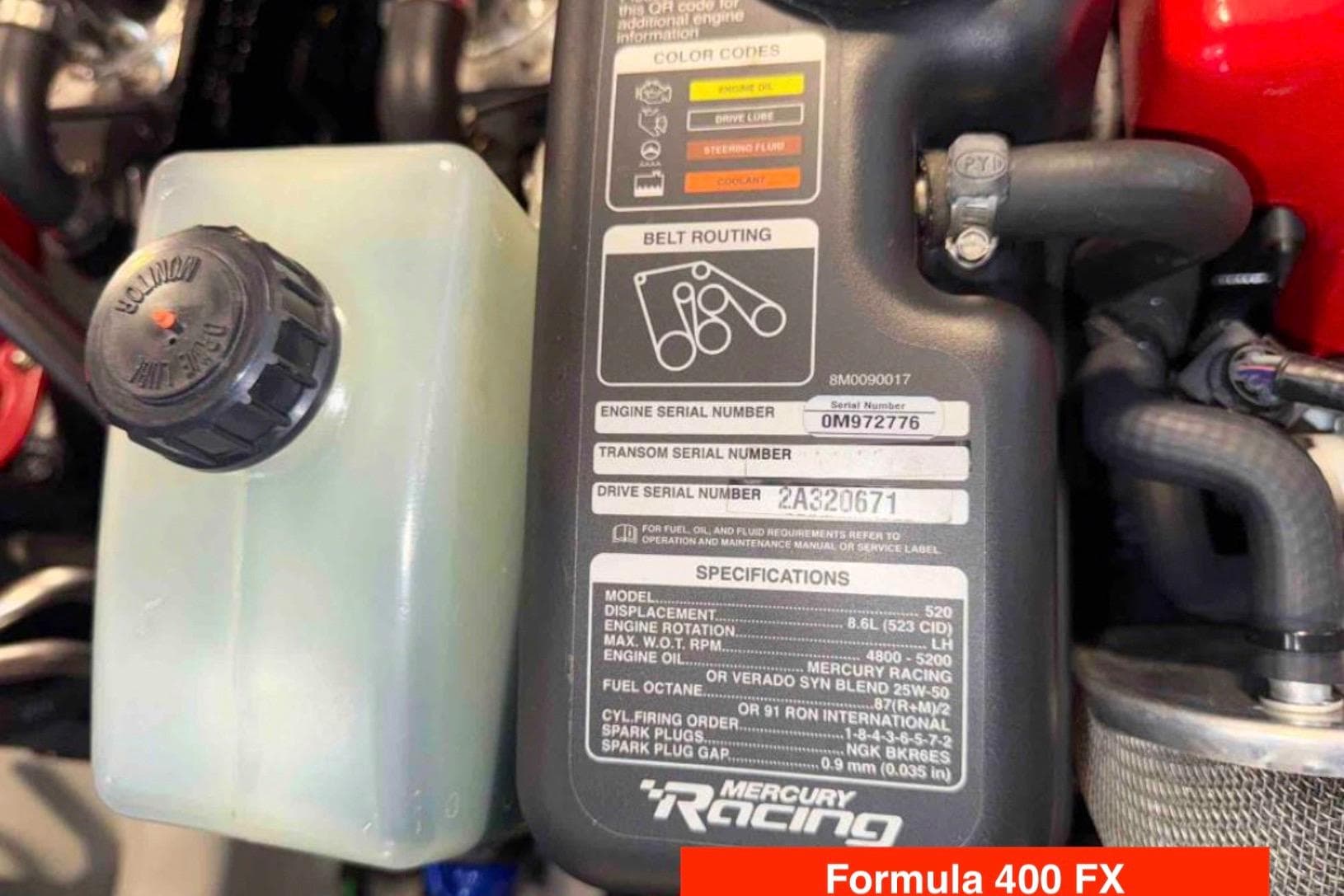 Close-up of a 2015 Formula 400 FX engine specifications and serial numbers.