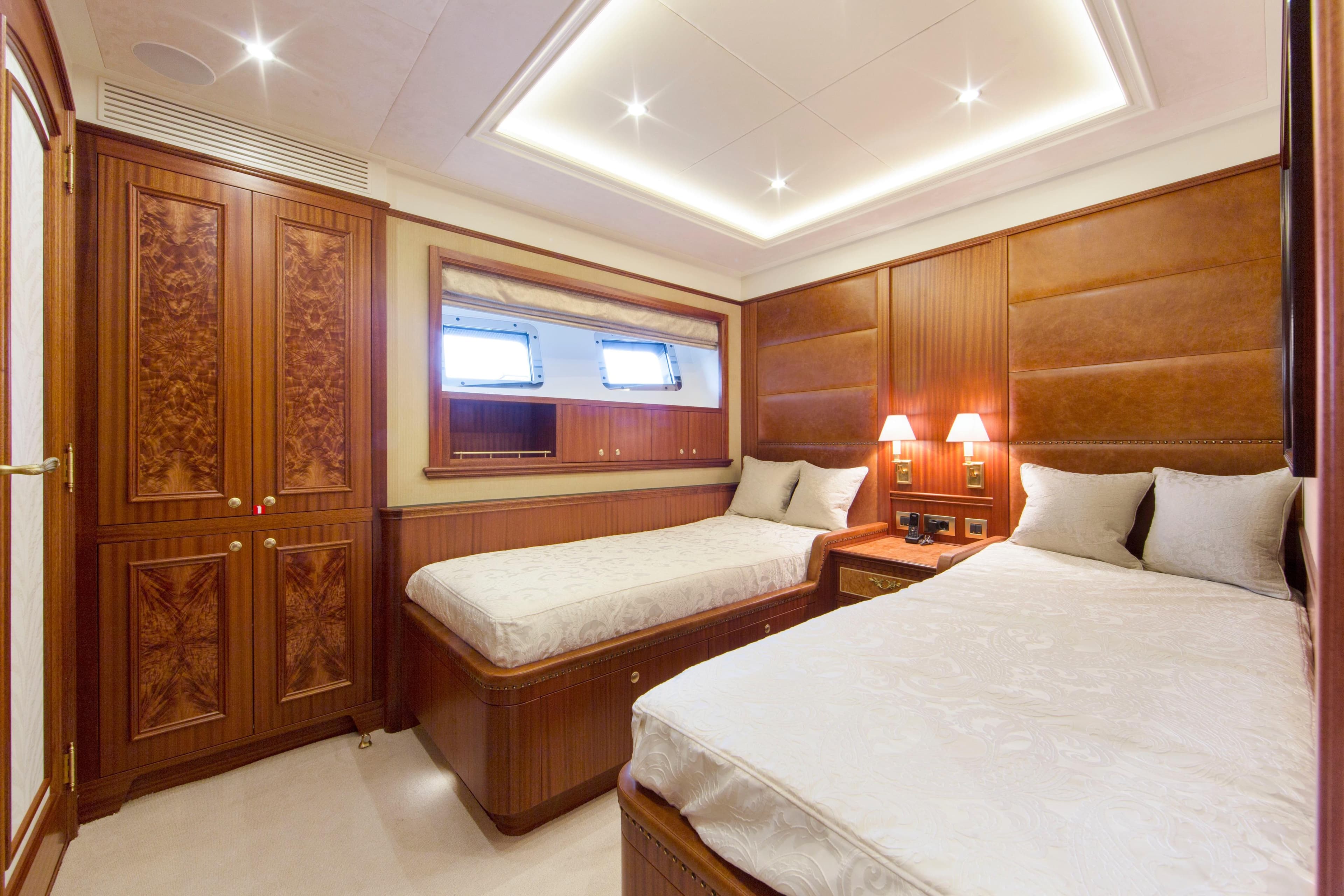 Luxurious twin bedroom on Van der Valk Explorer 37M yacht, 2026 model.