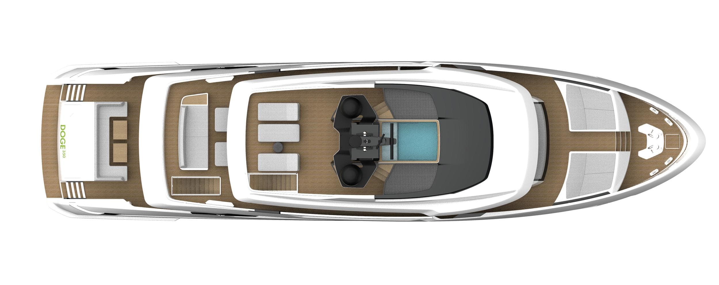Top view of 2027 Ocean King Doge 350 yacht, showcasing sleek design and spacious deck layout.