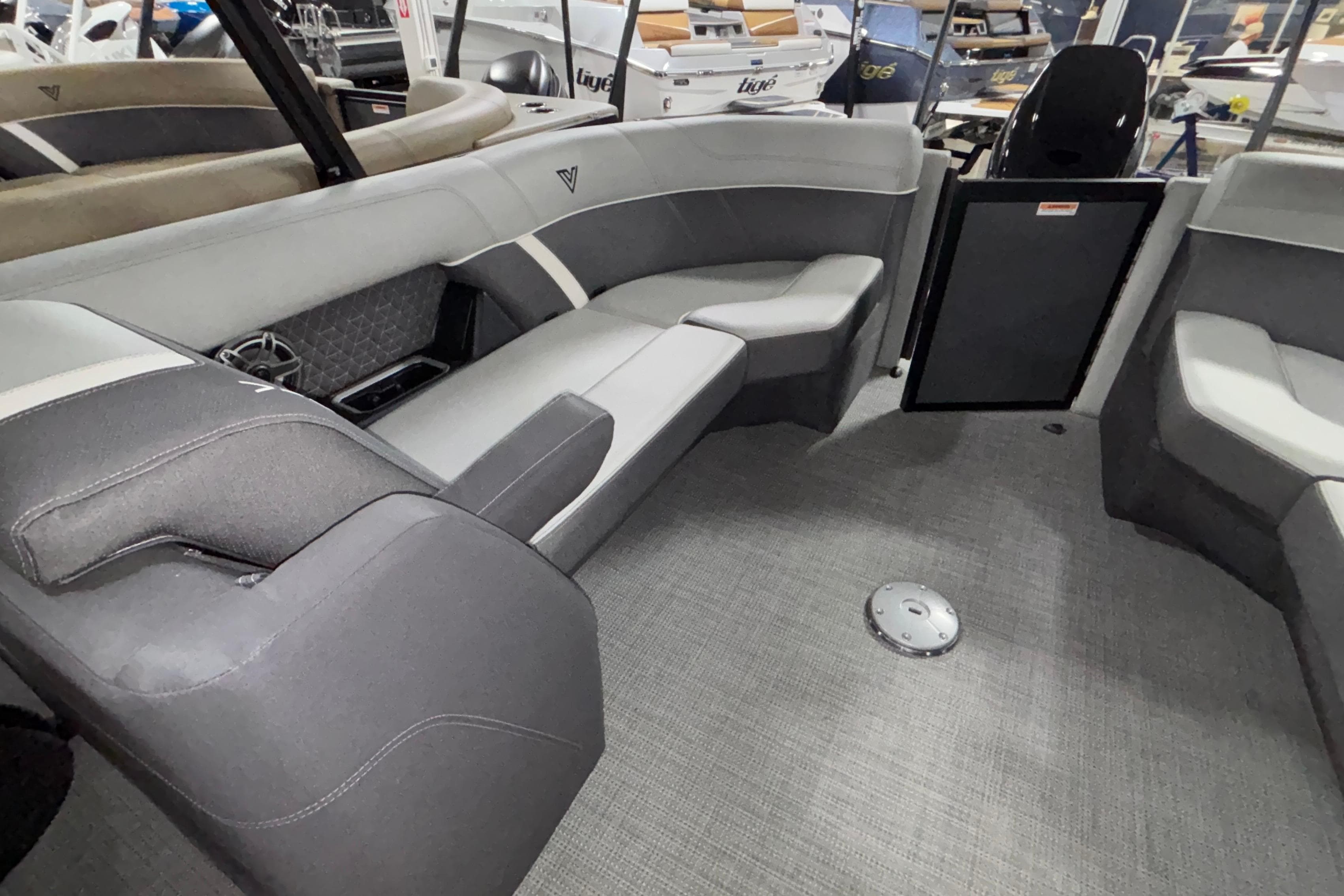 2026 Viaggio Lago Z24U boat interior with gray seating and modern design.