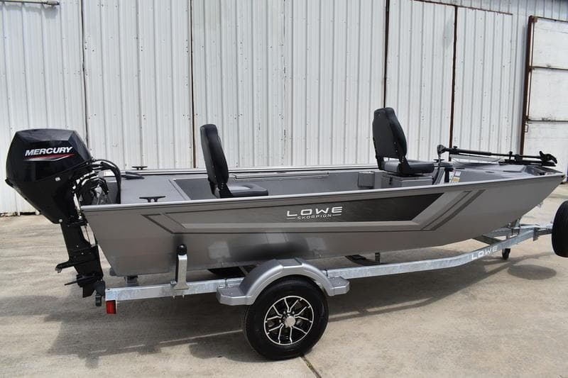 2026 Lowe Skorpion SS fishing boat on trailer, featuring Mercury outboard motor.