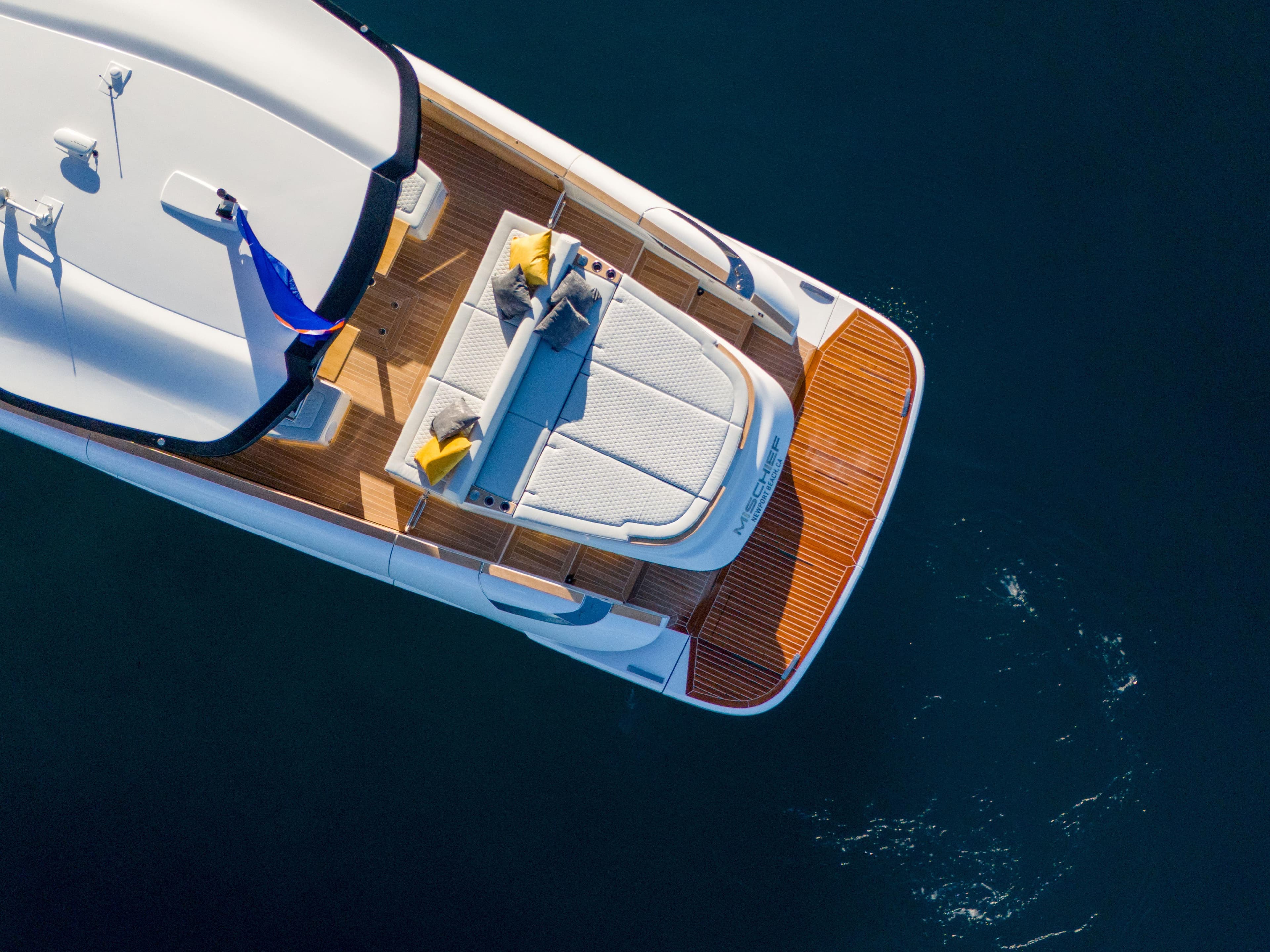 Aerial view of 2025 Solaris Power 60 Open yacht with sun deck and seating.