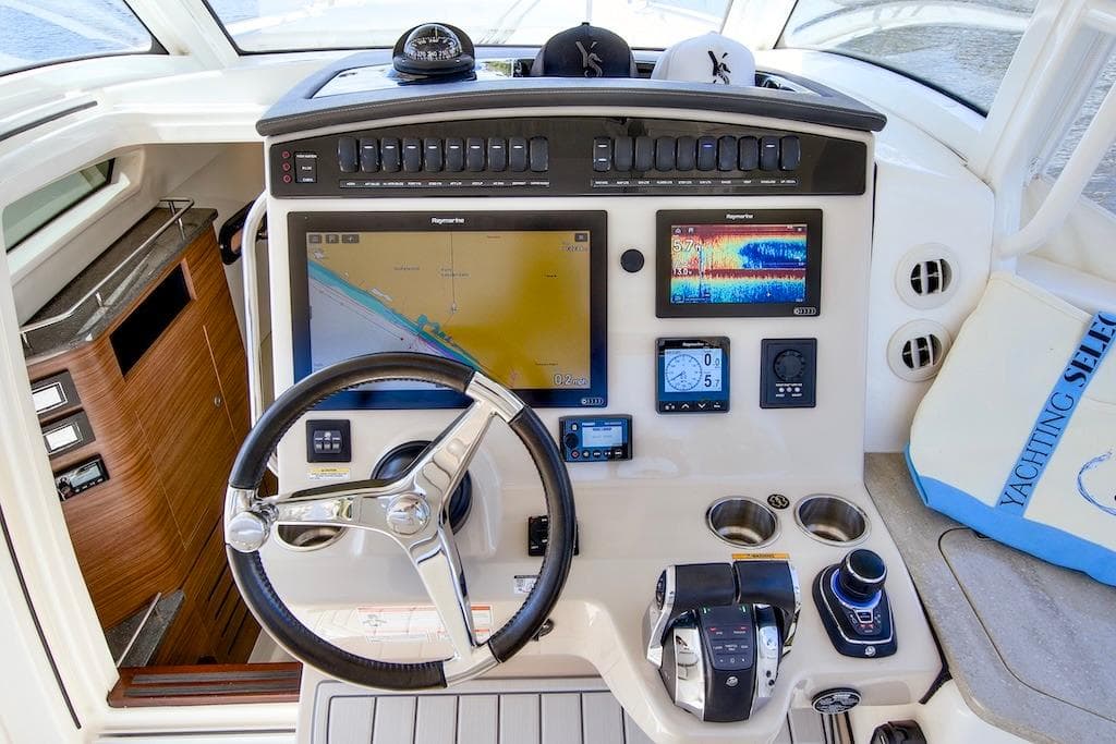 2019 Boston Whaler 350 Realm helm with advanced navigation and control systems.