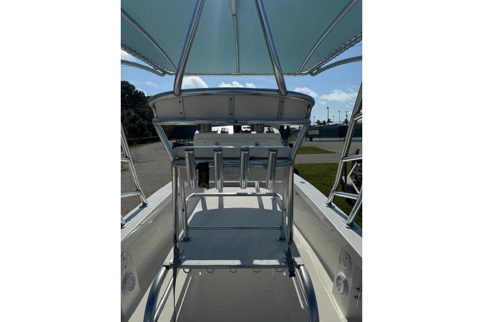 2016 Rambo 27 boat interior with metal framework and canopy.