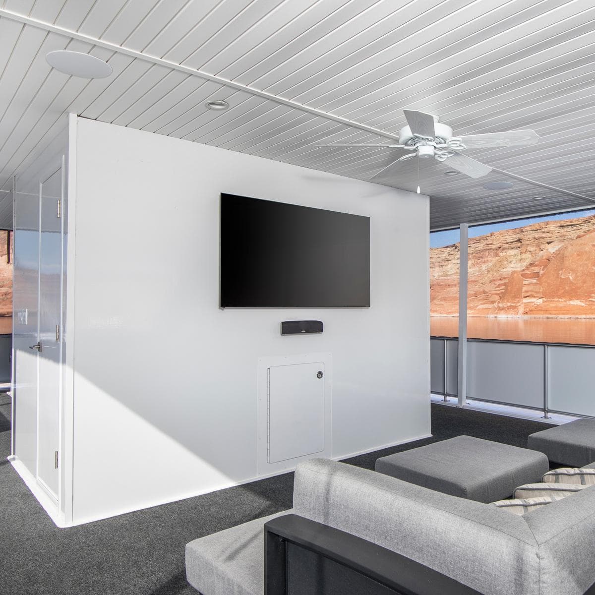 Modern houseboat interior with TV and sofa, Adonia Destiny Trip 2018.