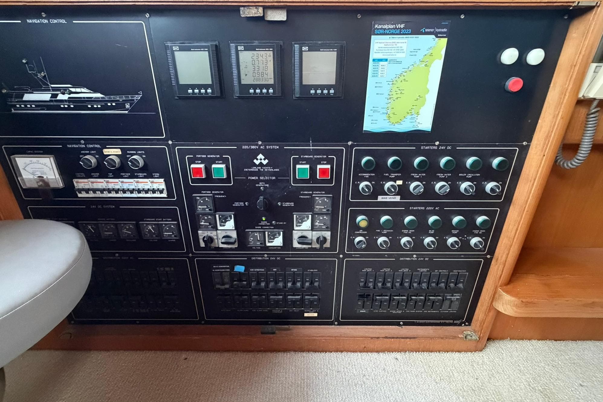 Control panel of a 1990 Lowland Netship 97 yacht with navigation and system controls.