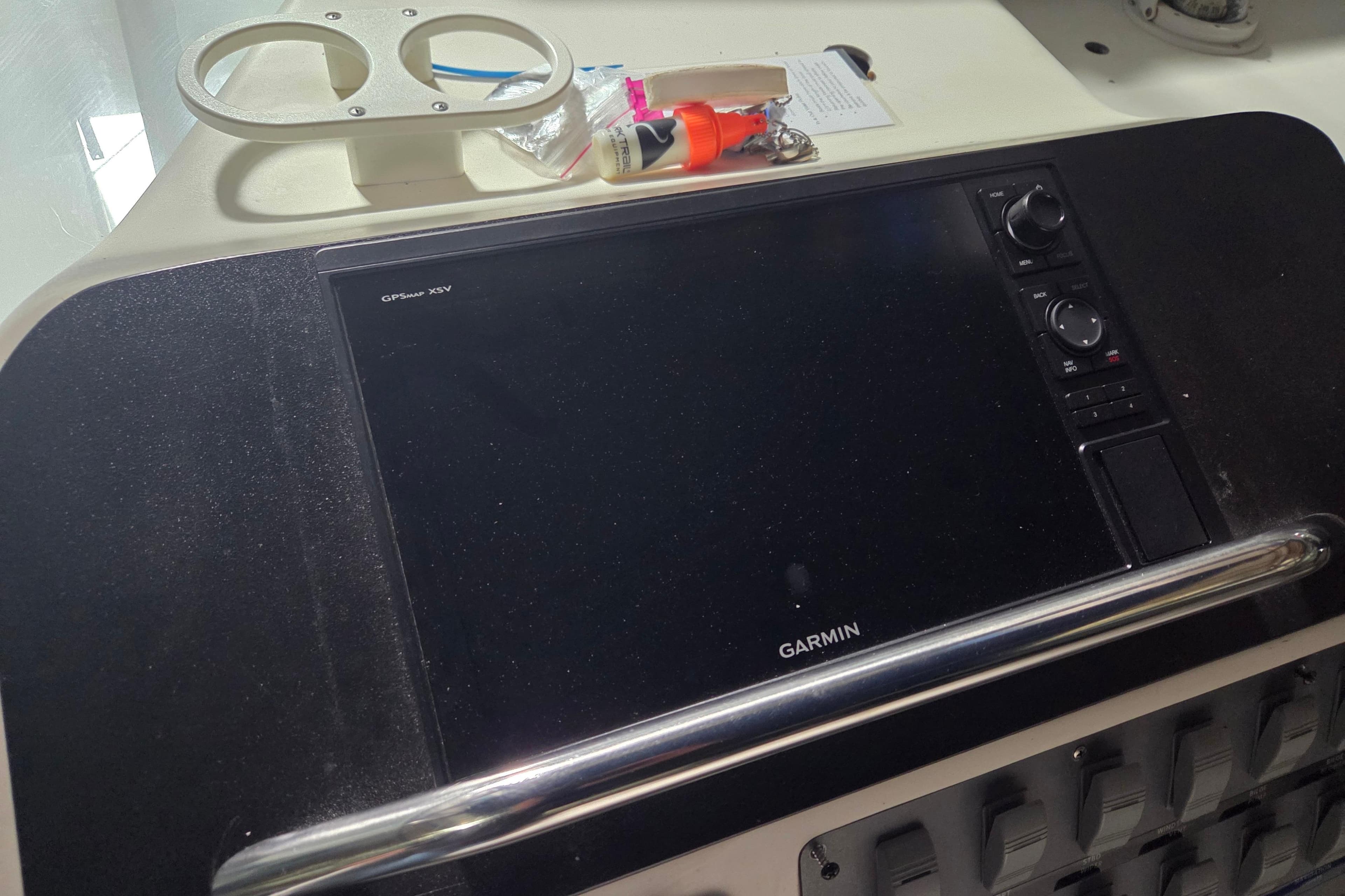Garmin GPS display on 1996 Sea Ray 290 Sundancer boat dashboard.