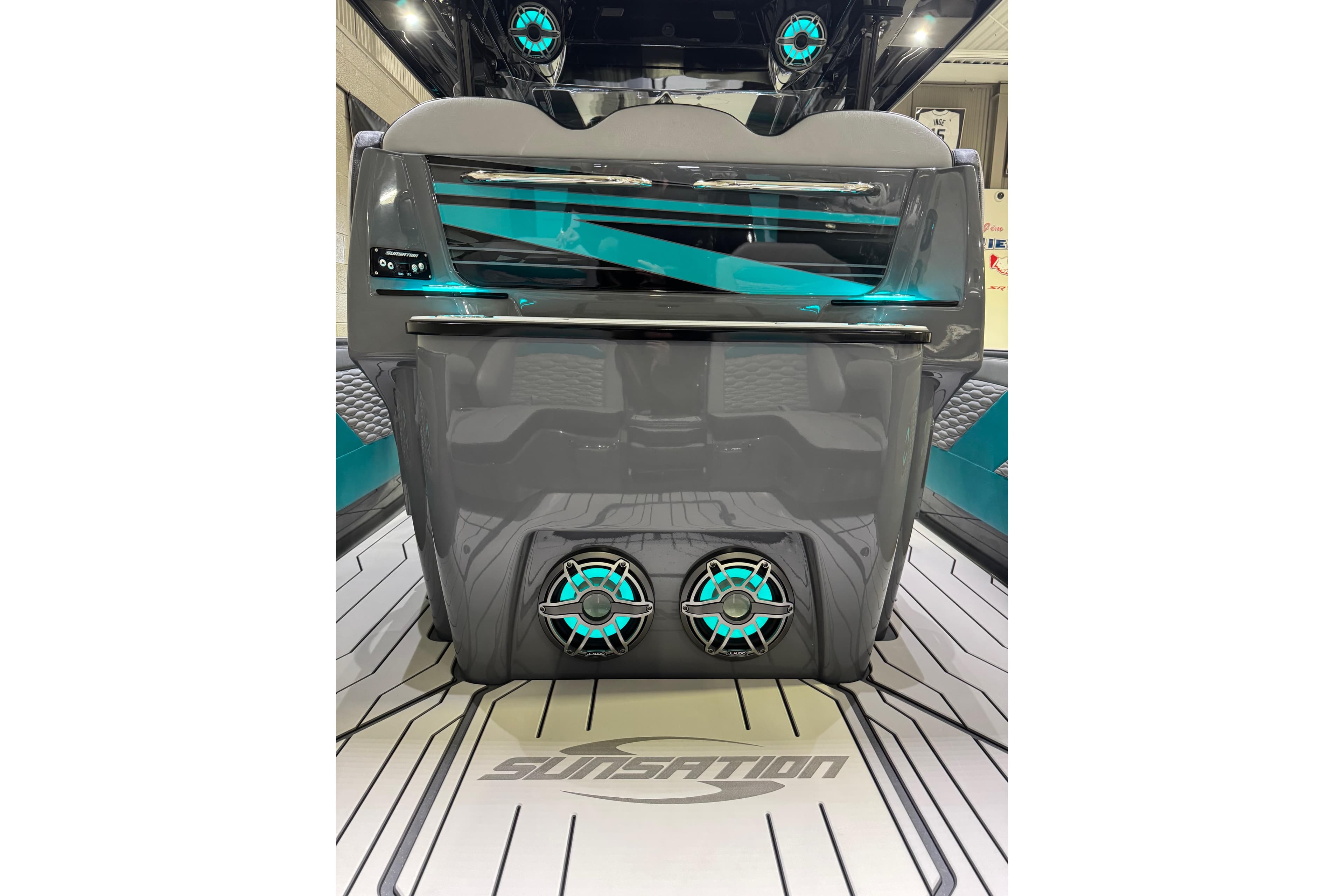 2026 Sunsation 34 CCX boat interior with sleek design and vibrant blue accents.