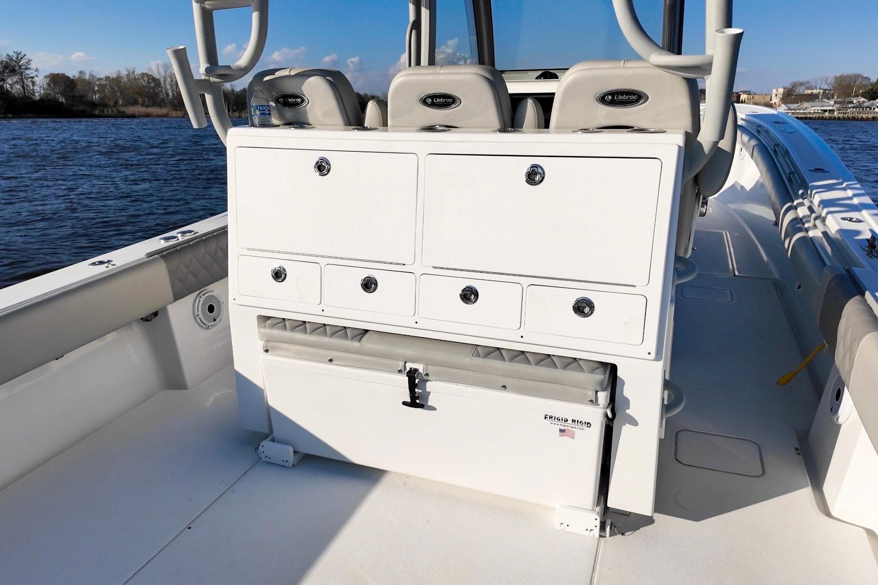 2025 Onslow Bay 41 Tournament boat interior with storage compartments and seating.