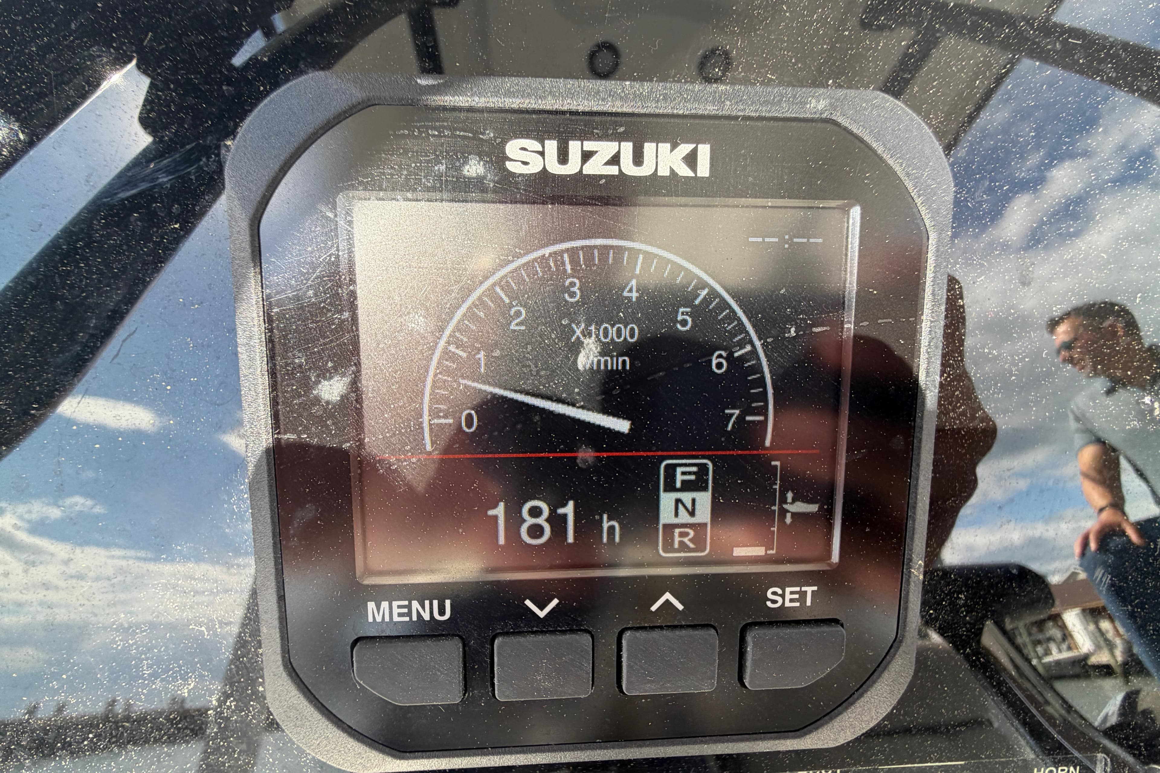 Suzuki engine display on 2022 Sea Pro 219 Deep V CC boat, showing 181 hours.