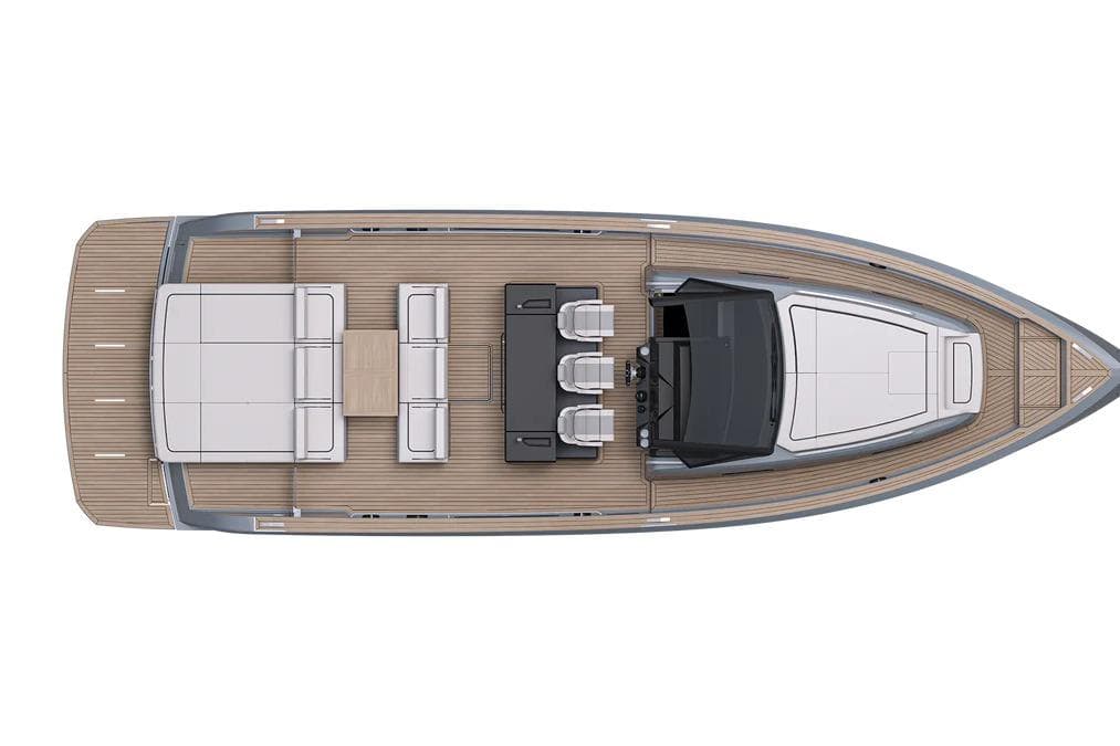 Top view of 2026 Pardo Yachts P43, showcasing sleek deck layout and modern design.