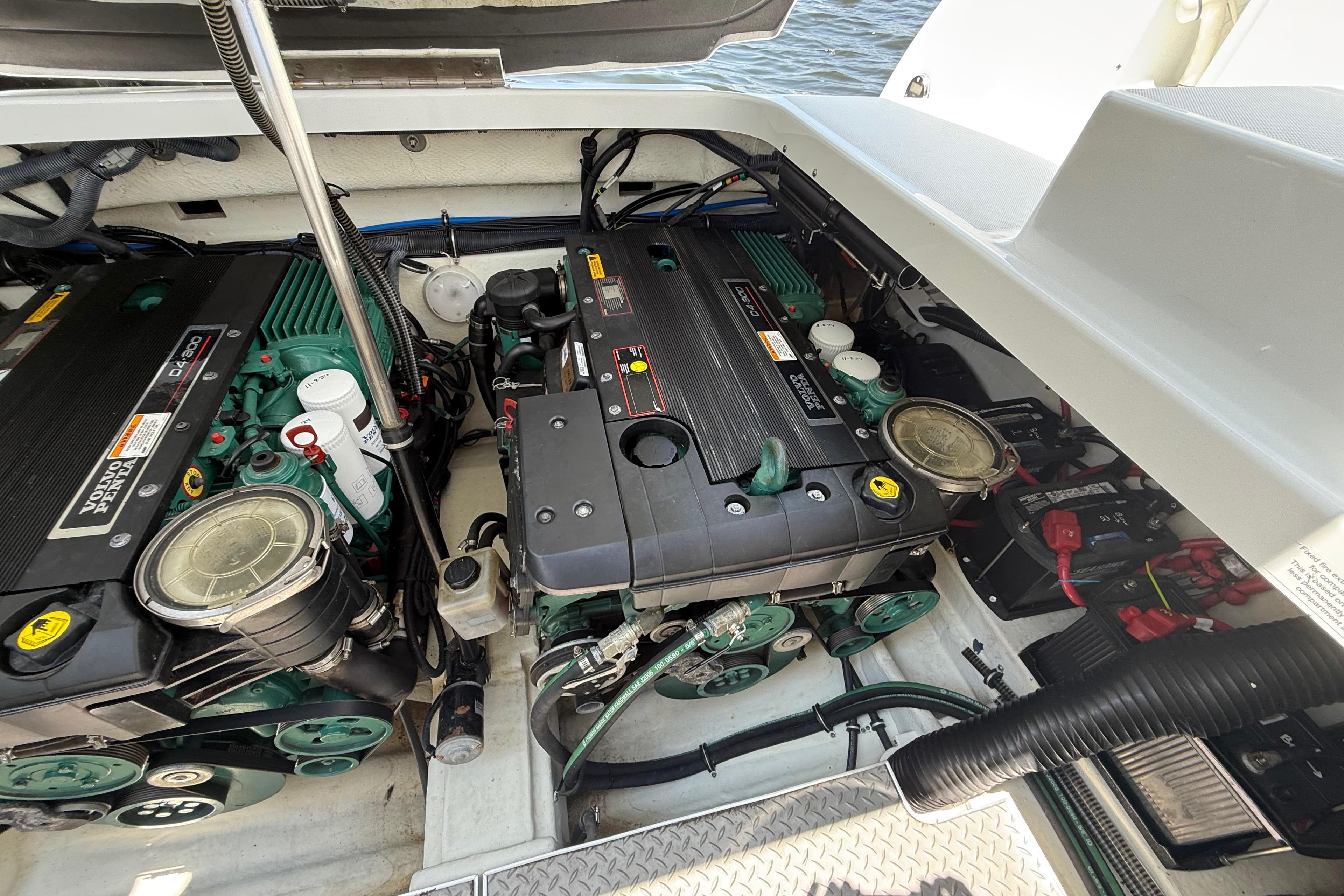 Engine compartment of a 2012 Formula 350 Sun Sport boat with dual Volvo Penta engines.