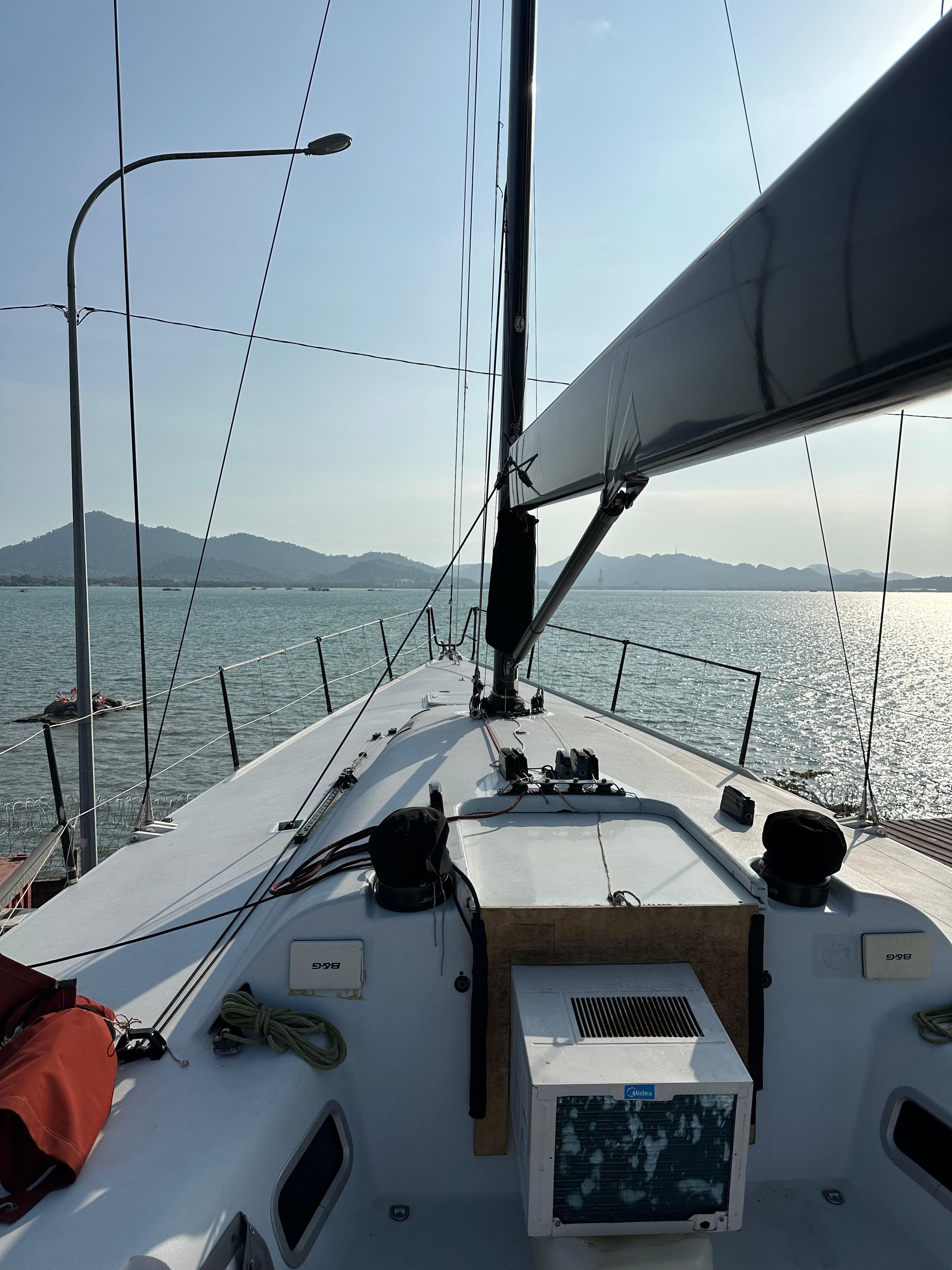 Sailing on 2007 Custom Welbourn IRC/ORC 52 yacht, serene waters, distant mountains.