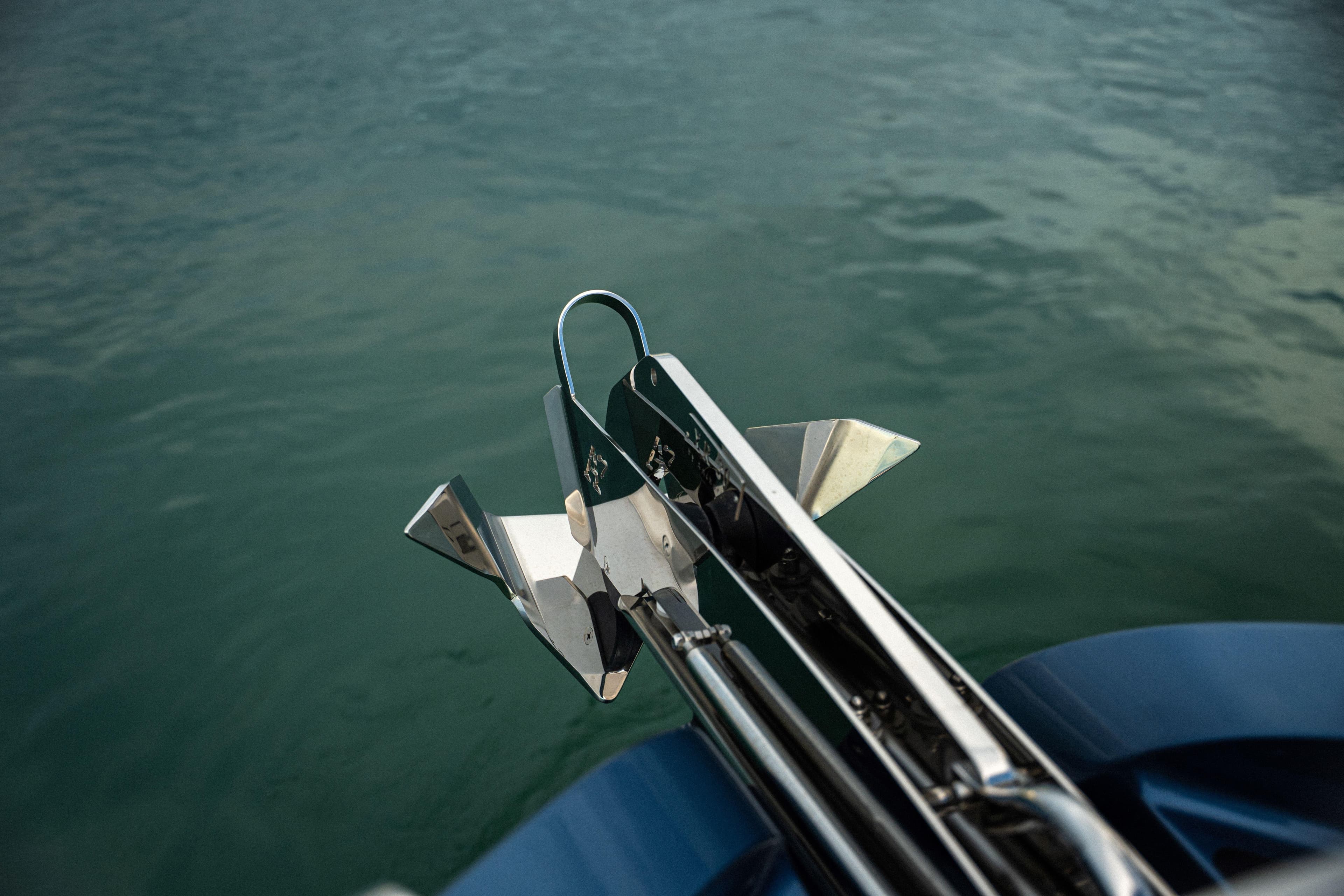 Anchor of Dutch American DA 53 boat, 2025 model, over calm water.
