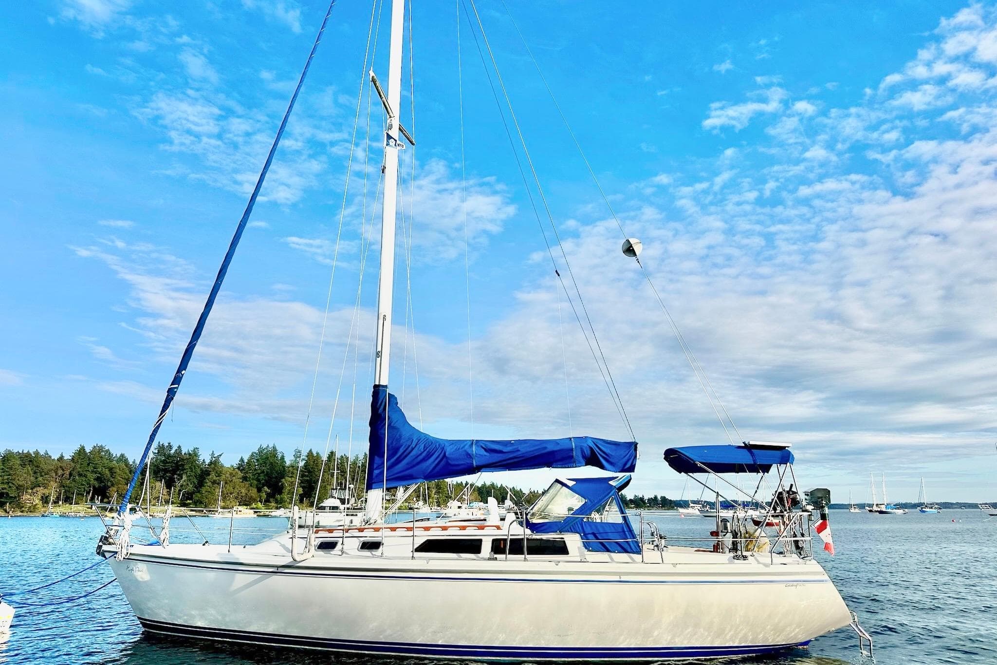 Sailboat Catalina 36 MK1, 1992 model, anchored on a serene lake under a blue sky.