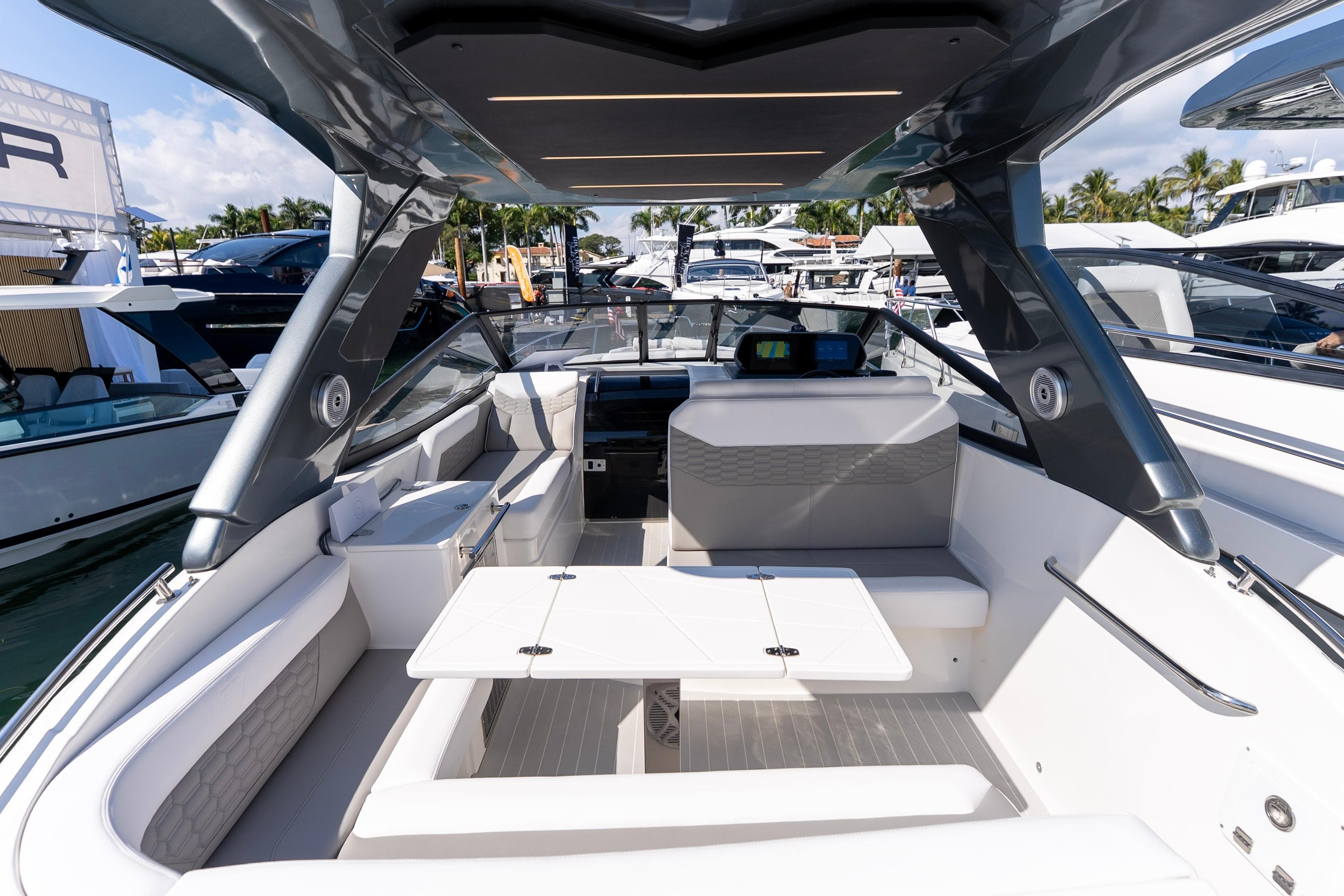 Luxurious 2025 Valiatt 350GT yacht interior with sleek seating and modern design.