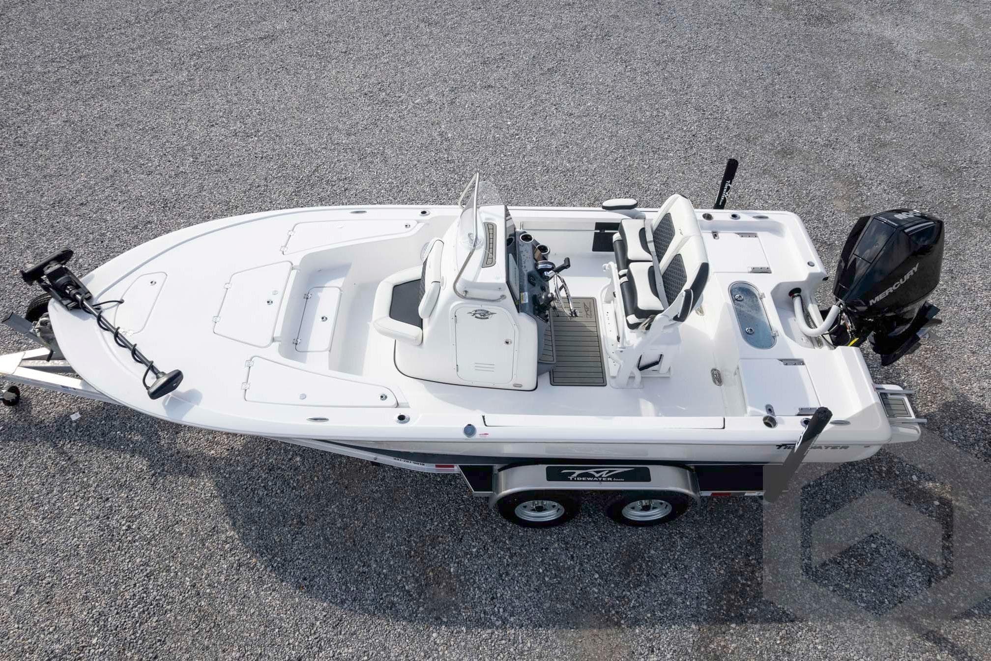 2026 Tidewater 2110 Bay Max boat on trailer, top view, featuring dual seats and outboard motor.