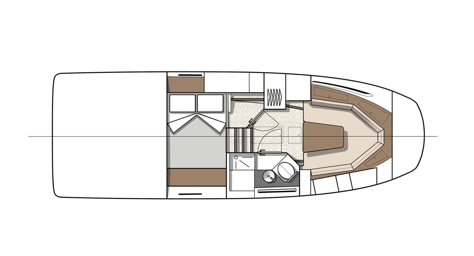 Floor plan of 2025 Beneteau 32 Gran Turismo yacht, featuring cabin and amenities.