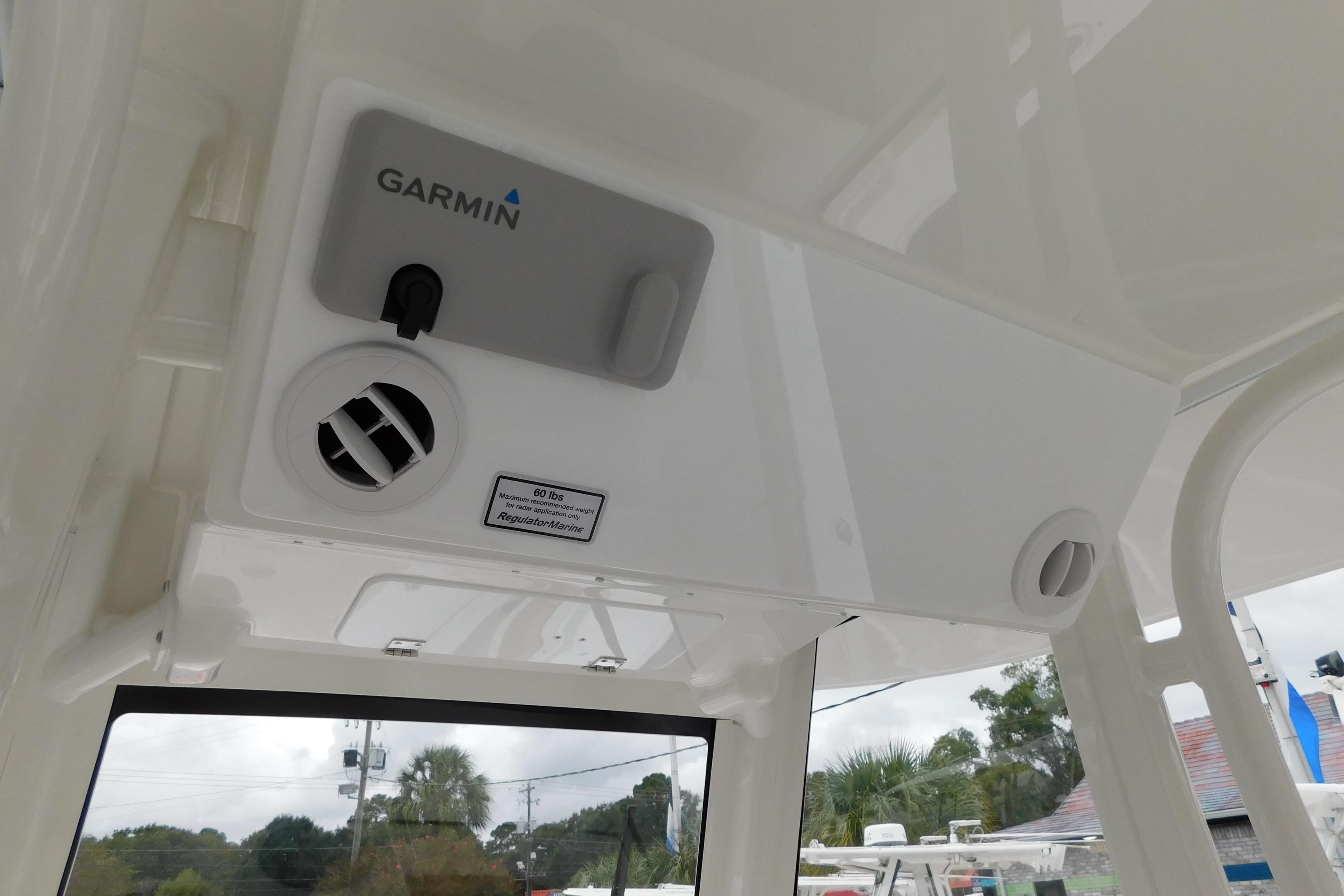 2026 Regulator 28 boat interior with Garmin equipment and ventilation system.