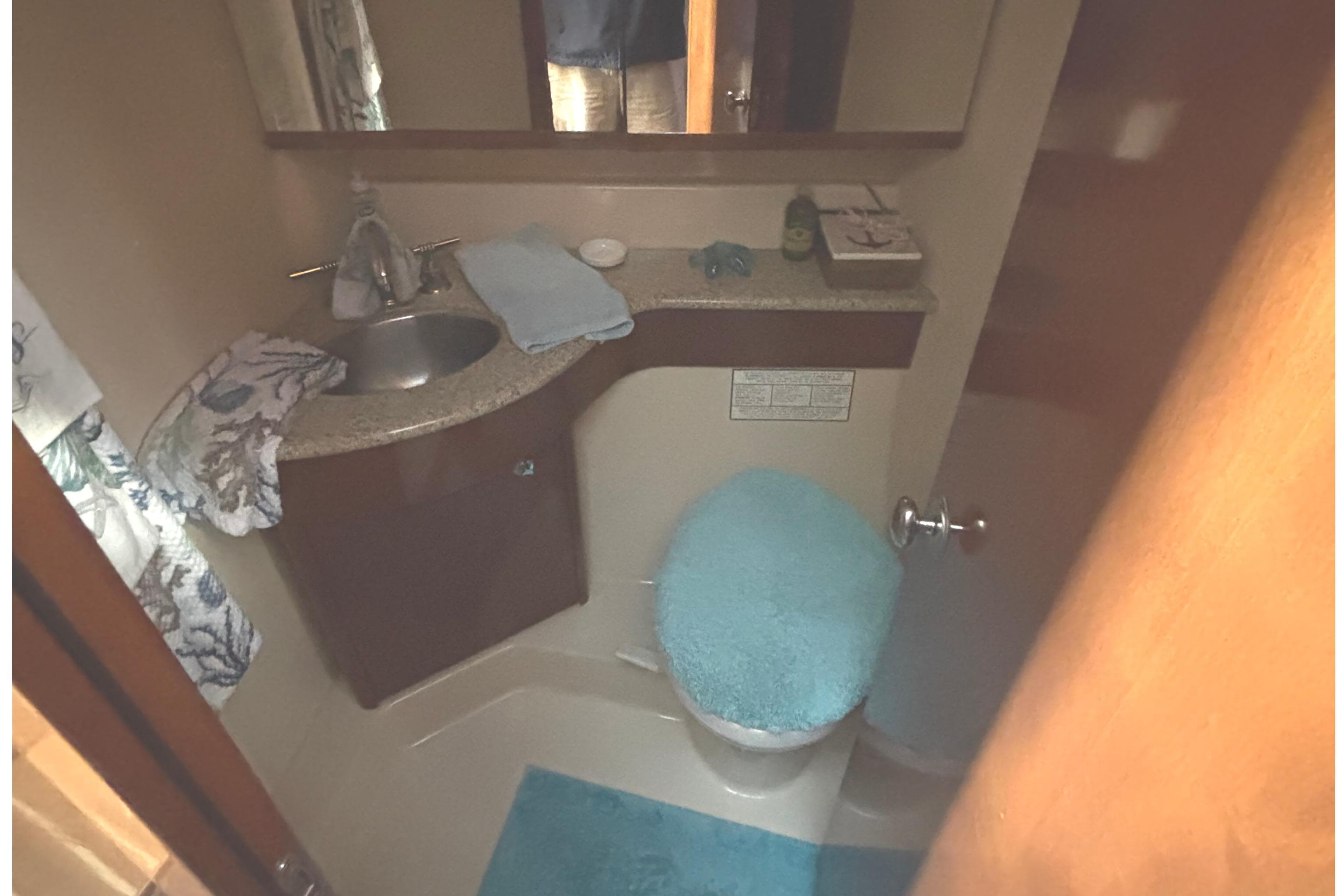 Bathroom interior of 2007 Meridian 391 Sedan yacht with sink and toilet.