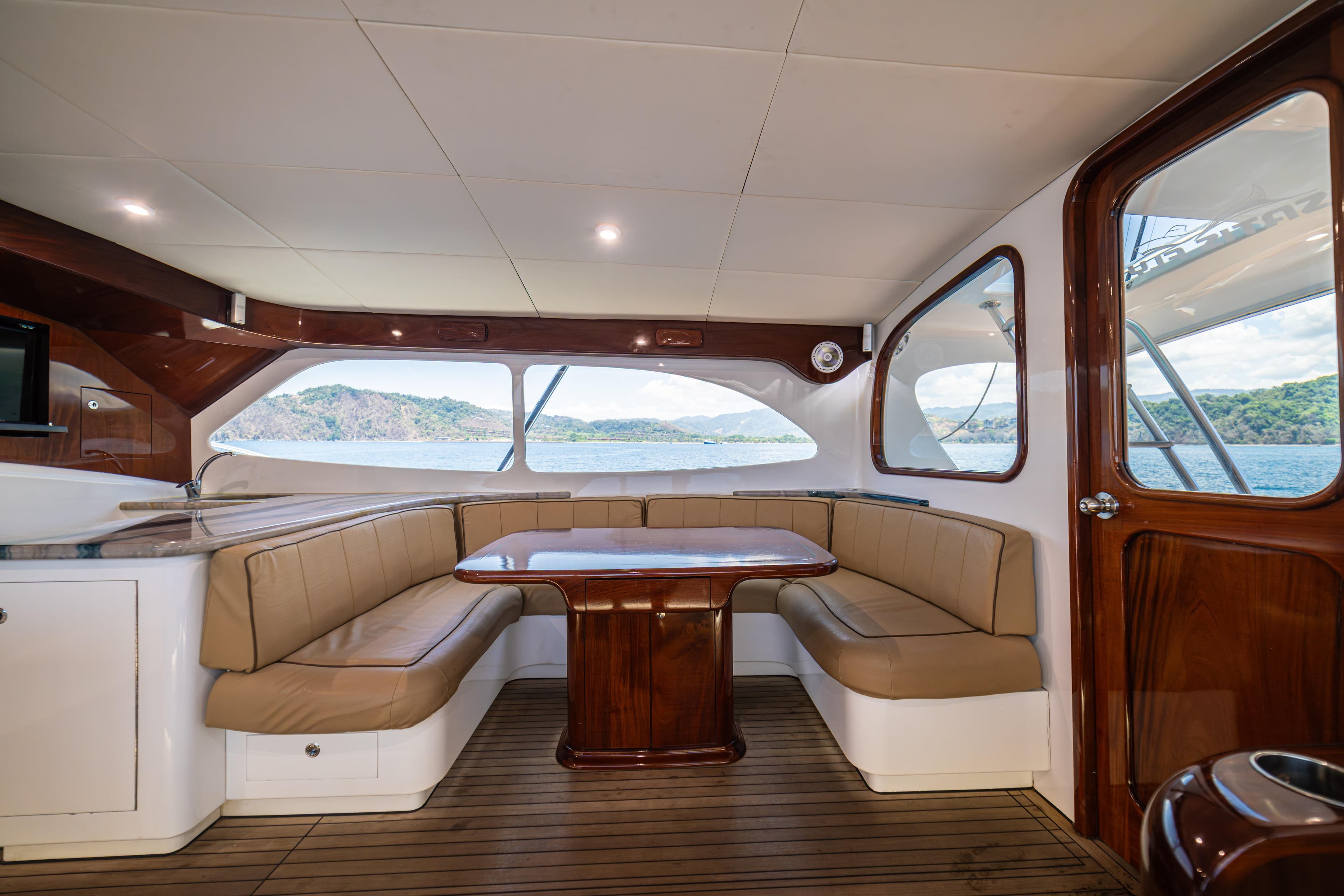 Luxurious interior of 2020 Maverick Yachts Costa Rica 50 Sportfish with scenic ocean view.