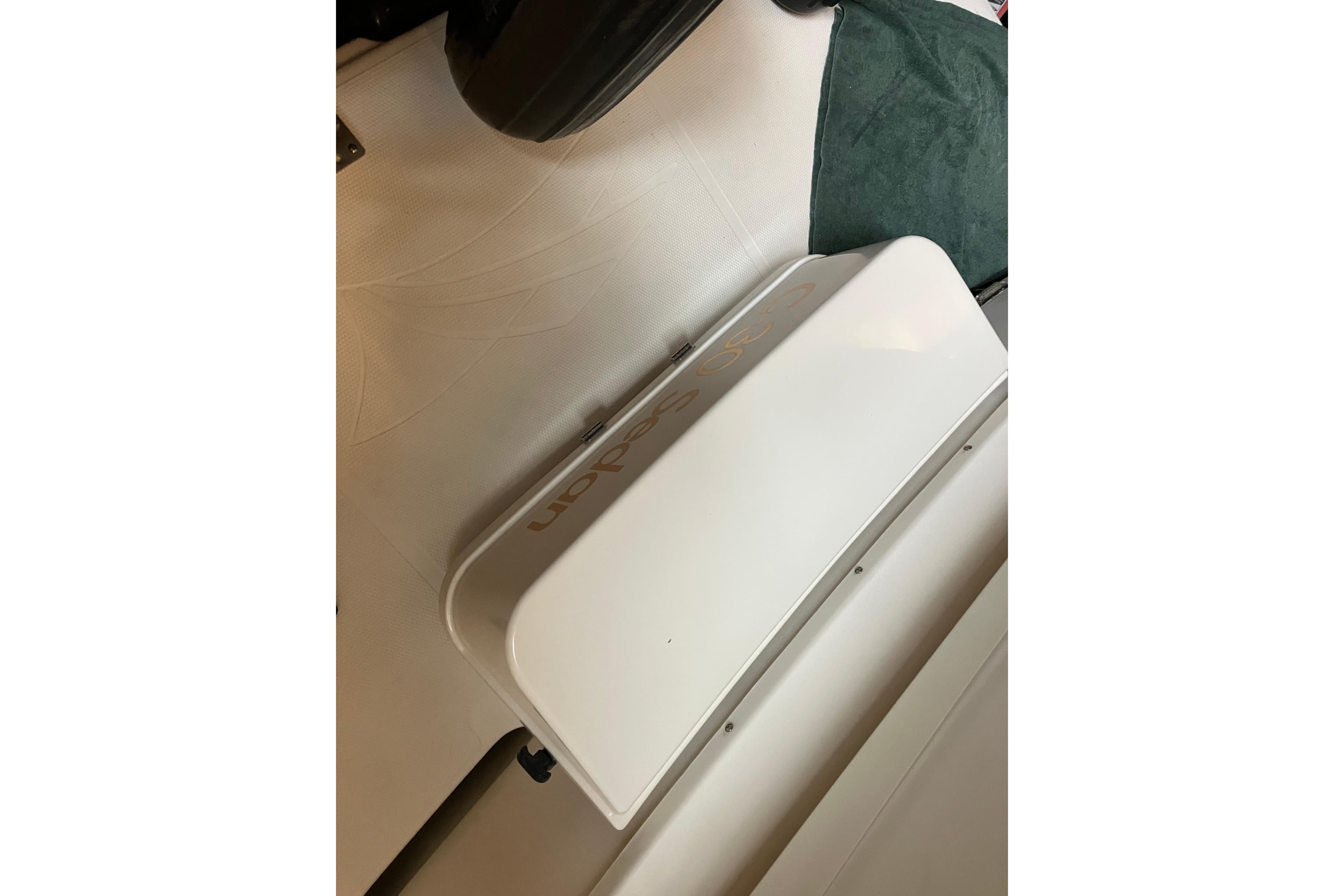 2017 Cutwater C-30 Sedan boat interior detail, featuring sleek white surfaces.